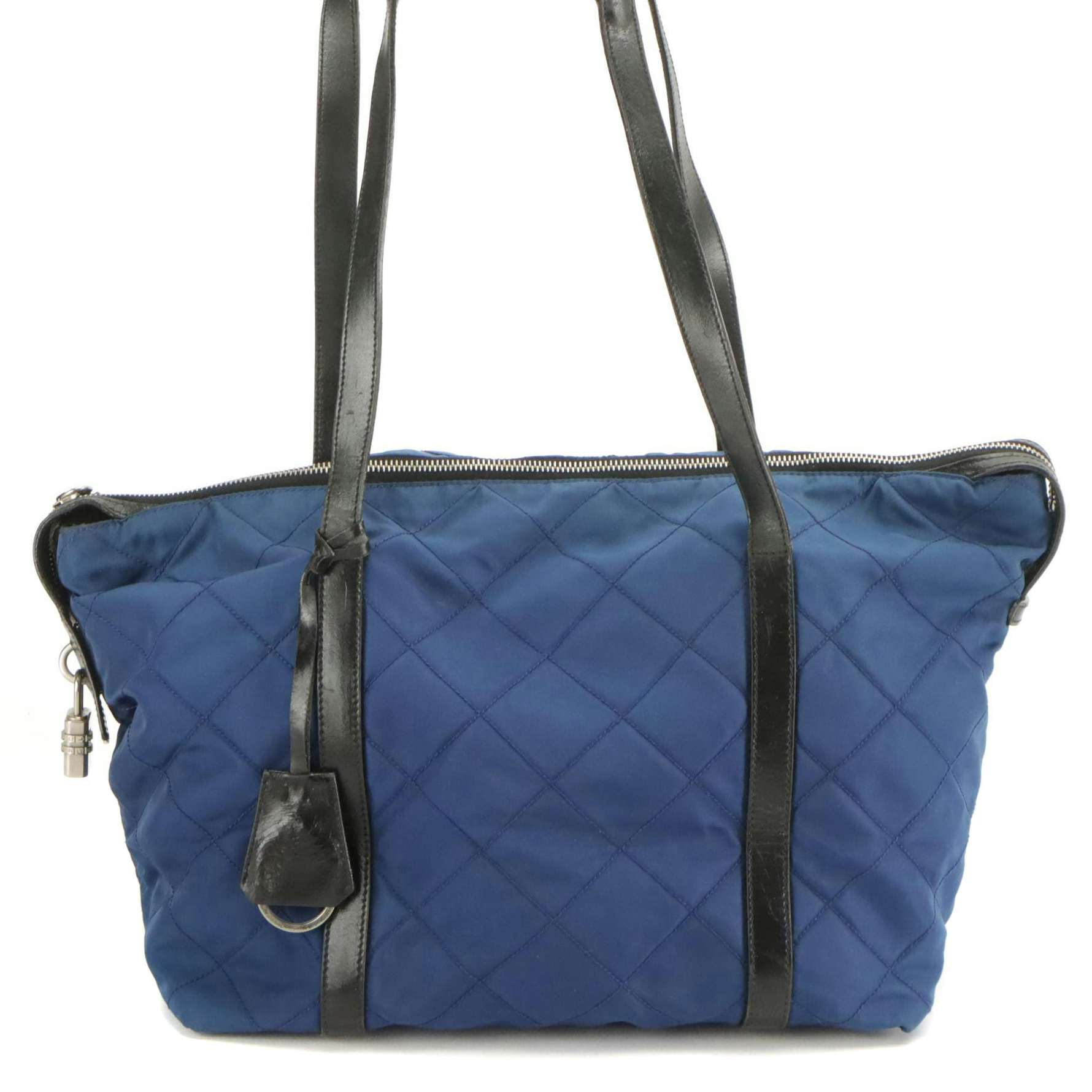 Prada Shoulder Tote in Deep Blue Quilted Nylon Tessuto and Black Leather Trim