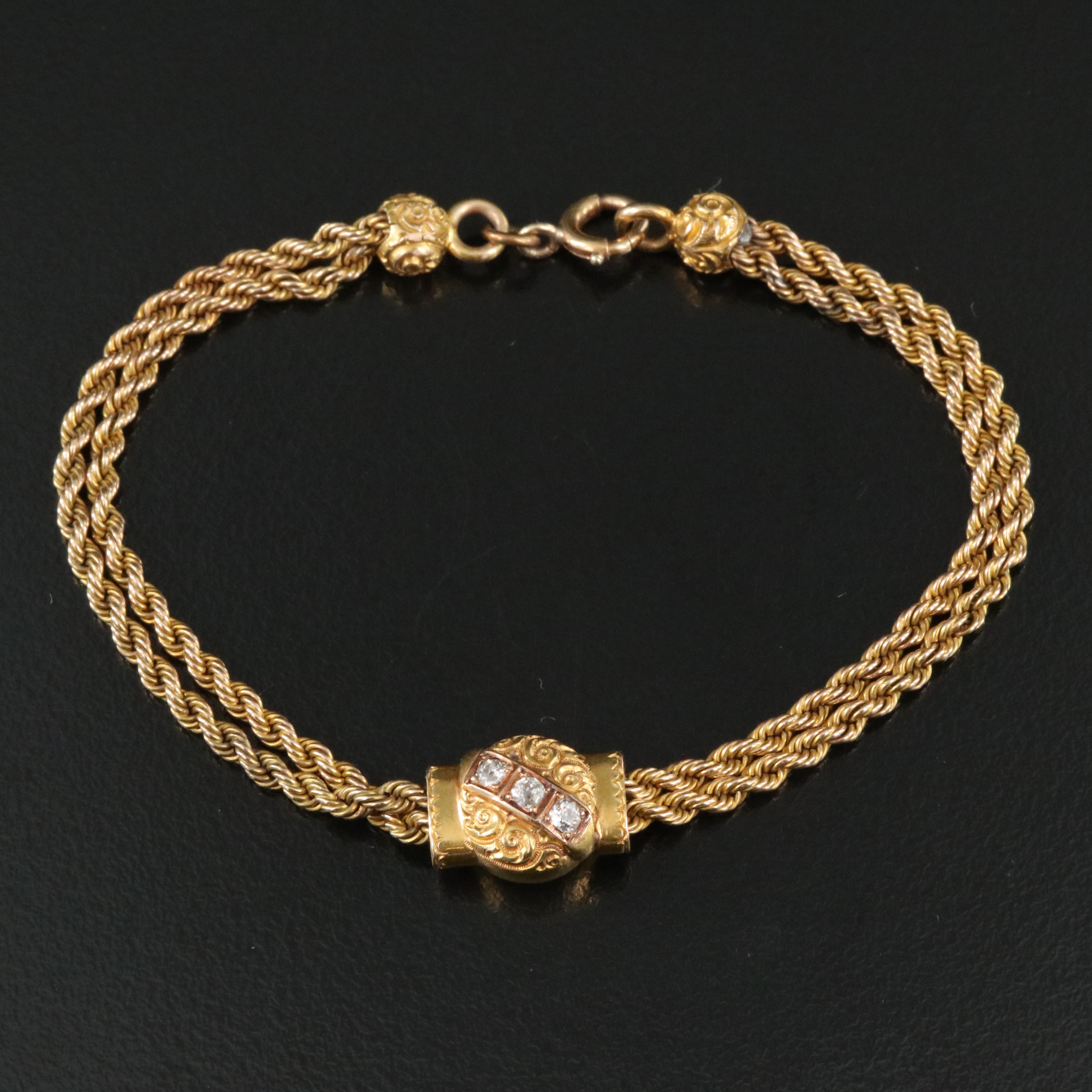 Early 1900s 14K 0.13 CTW Diamond Hand Engraved Slide Bracelet