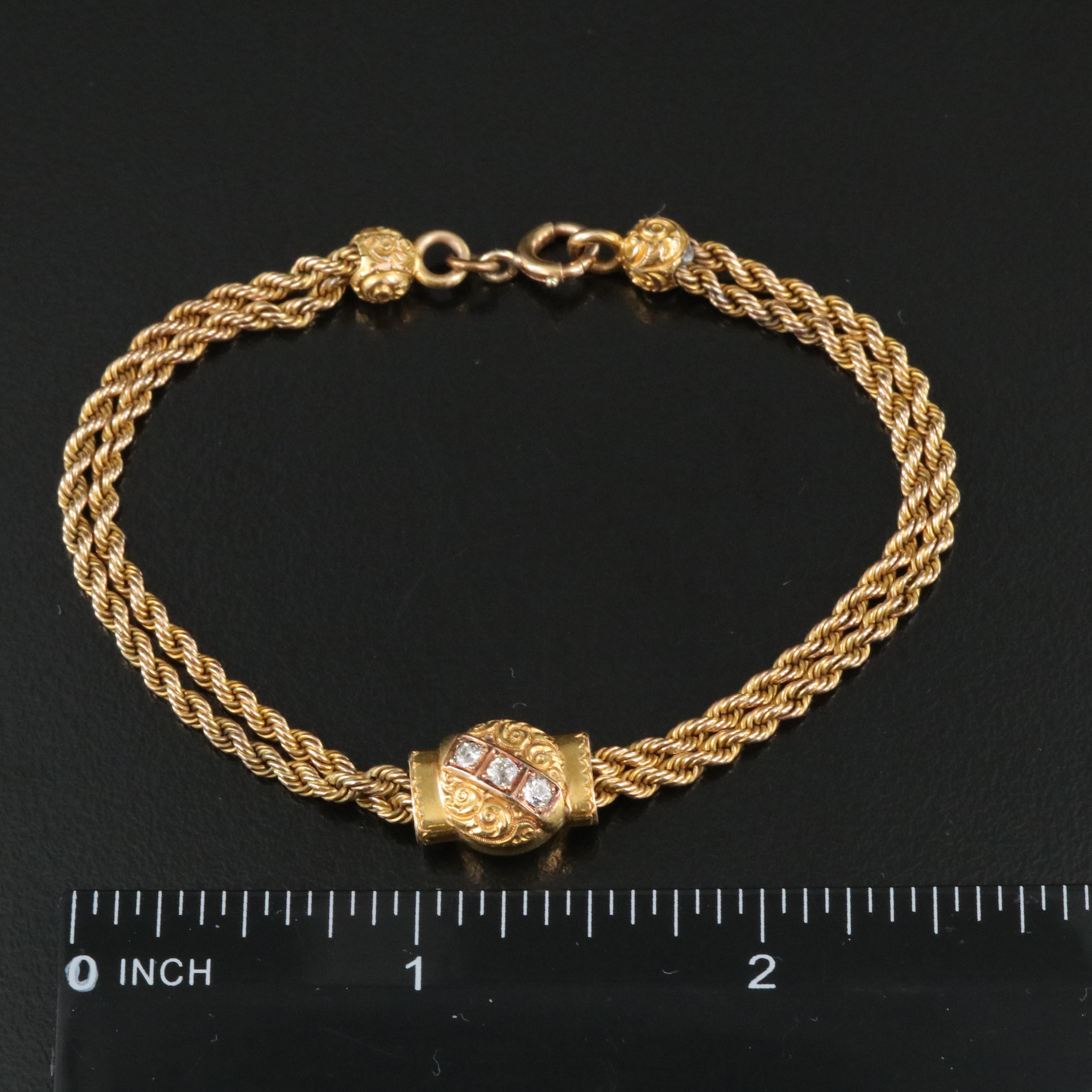 Early 1900s 14K 0.13 CTW Diamond Hand Engraved Slide Bracelet