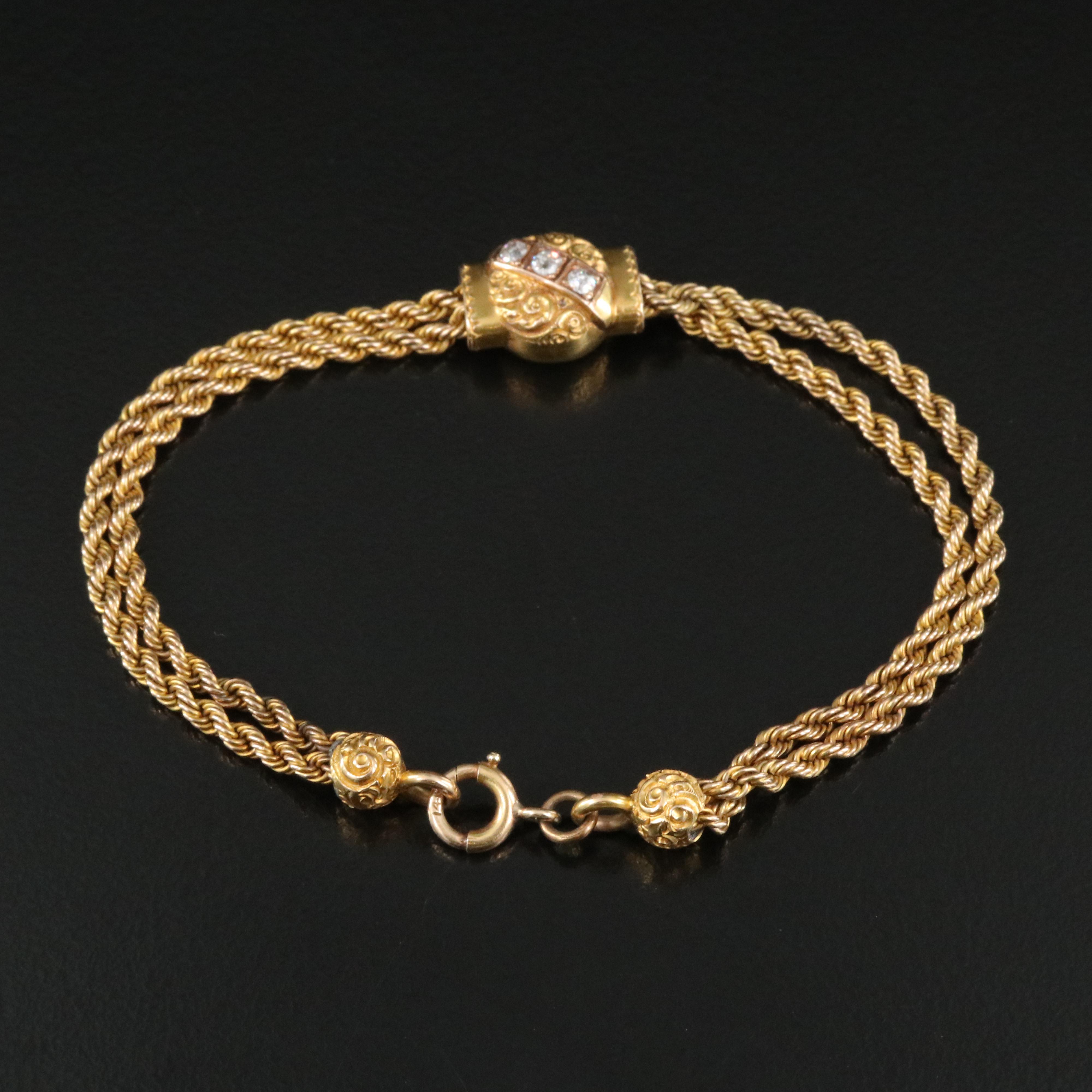 Early 1900s 14K 0.13 CTW Diamond Hand Engraved Slide Bracelet