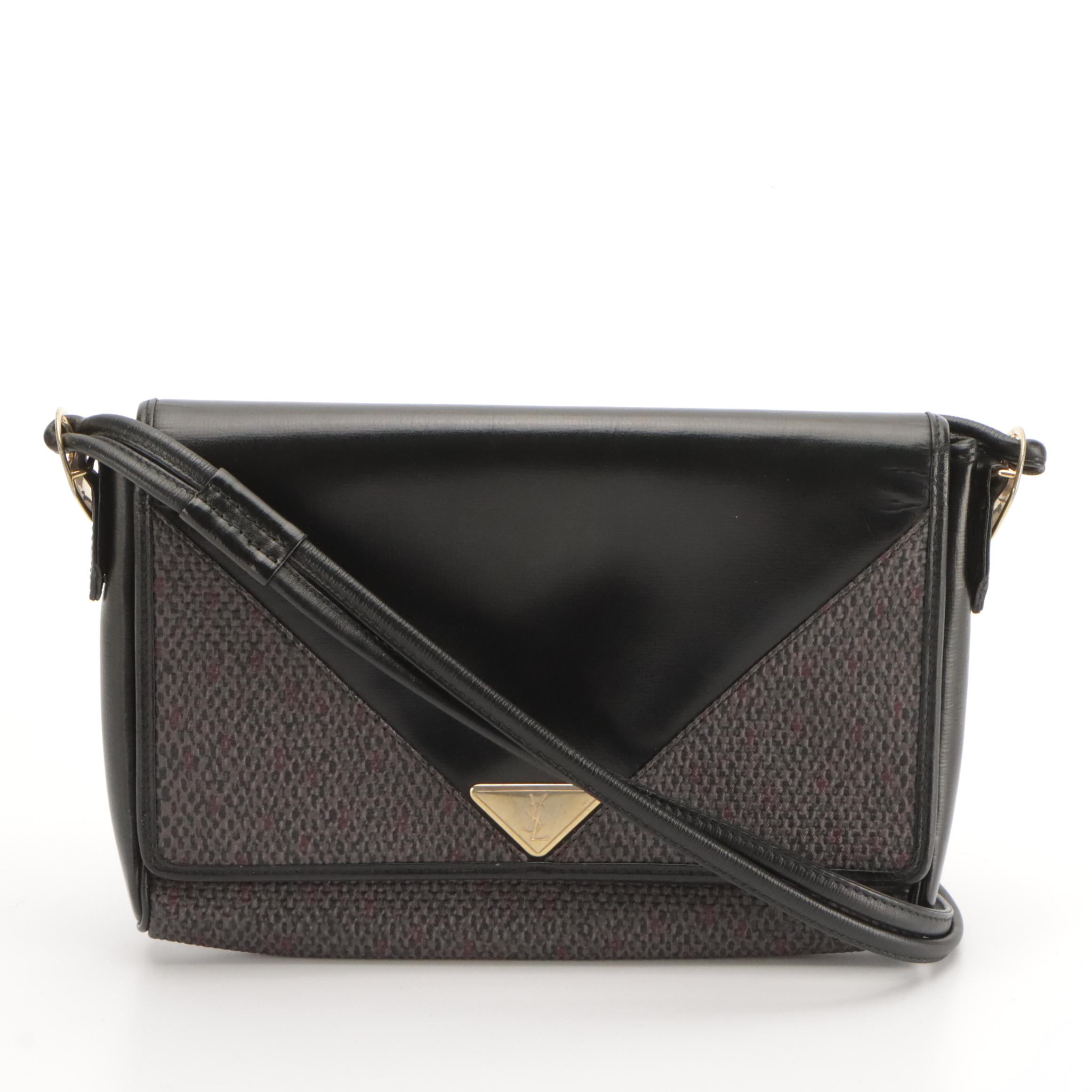 Yves Saint Laurent Vintage Purple Coated Canvas and Black Leather Crossbody Bag