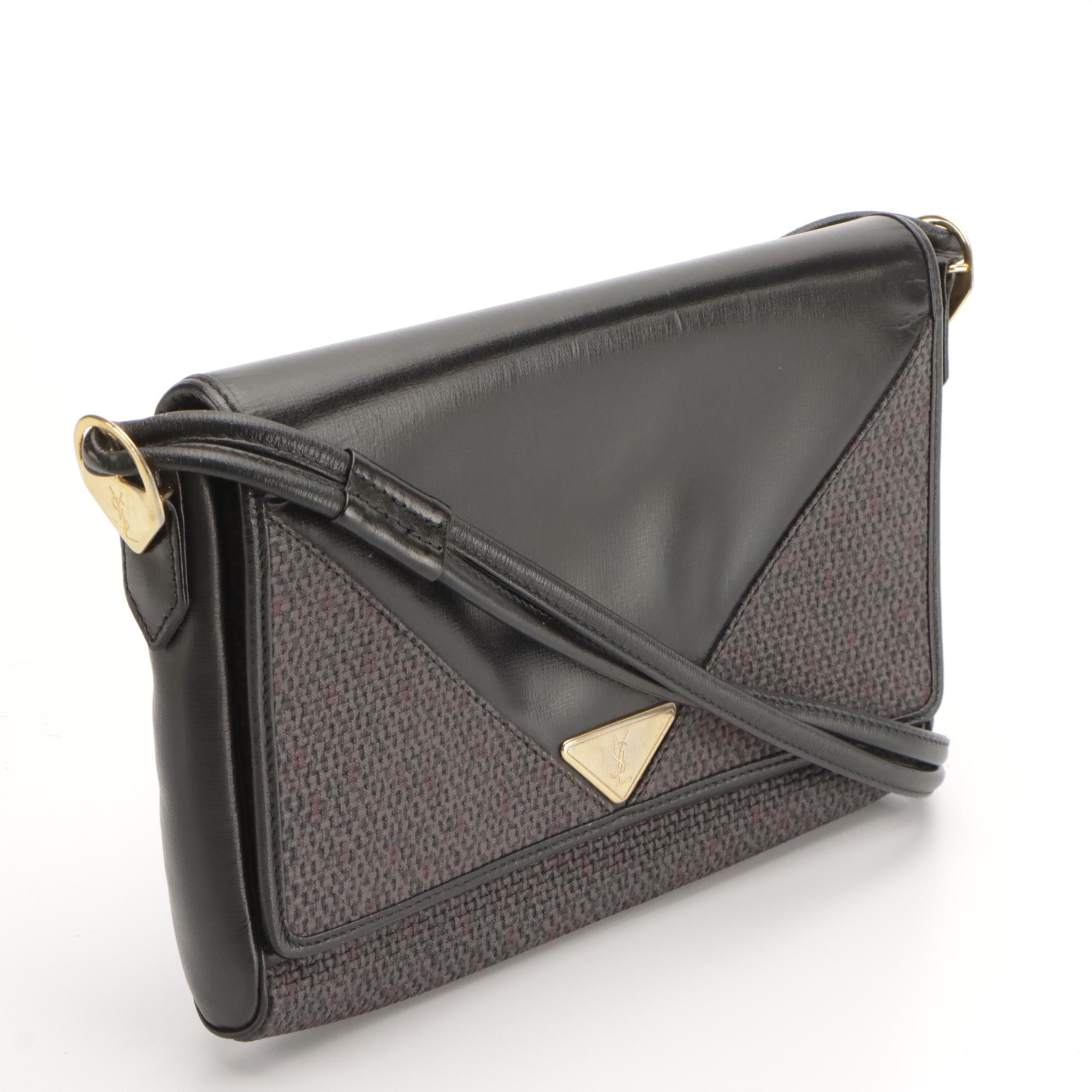 Yves Saint Laurent Vintage Purple Coated Canvas and Black Leather Crossbody Bag