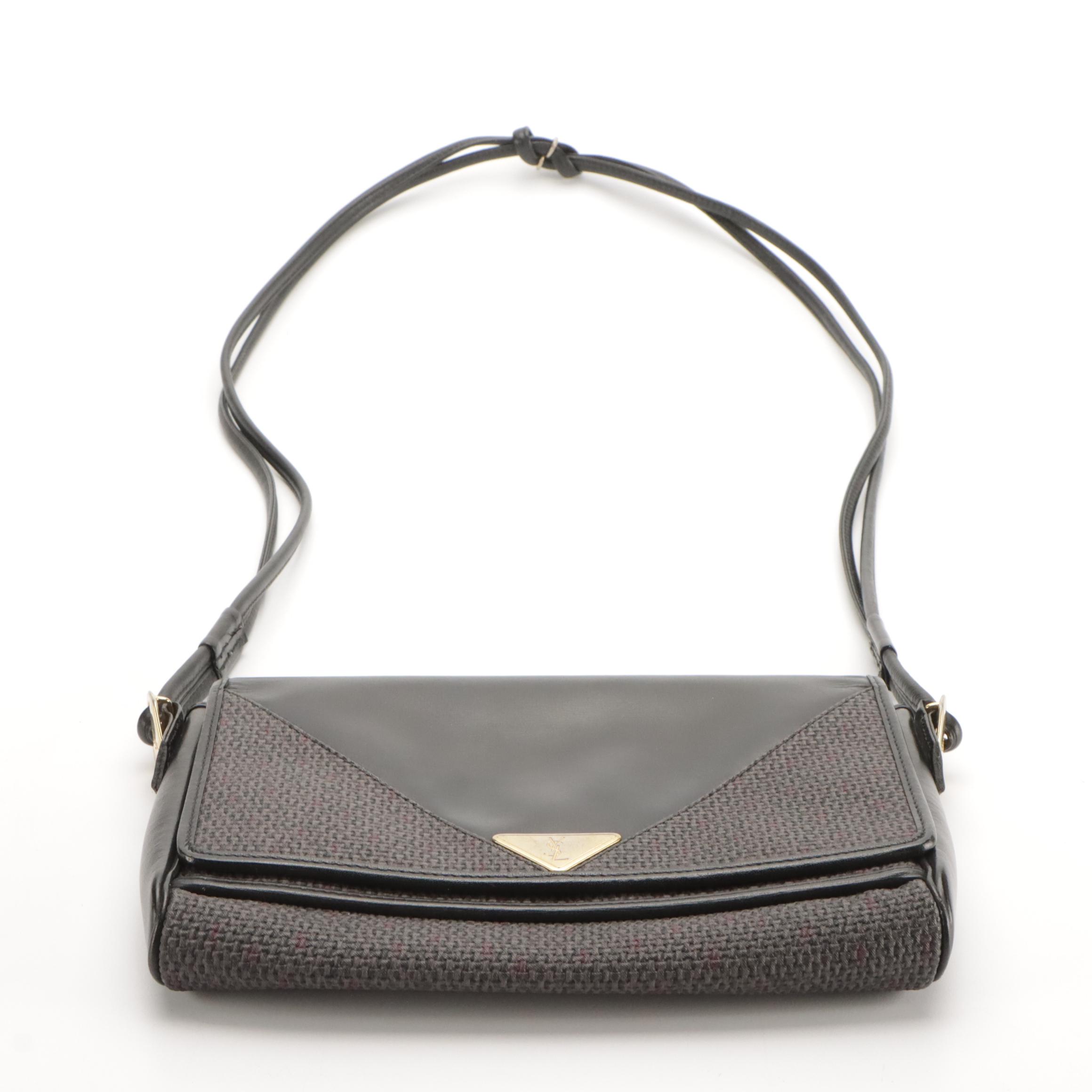 Yves Saint Laurent Vintage Purple Coated Canvas and Black Leather Crossbody Bag