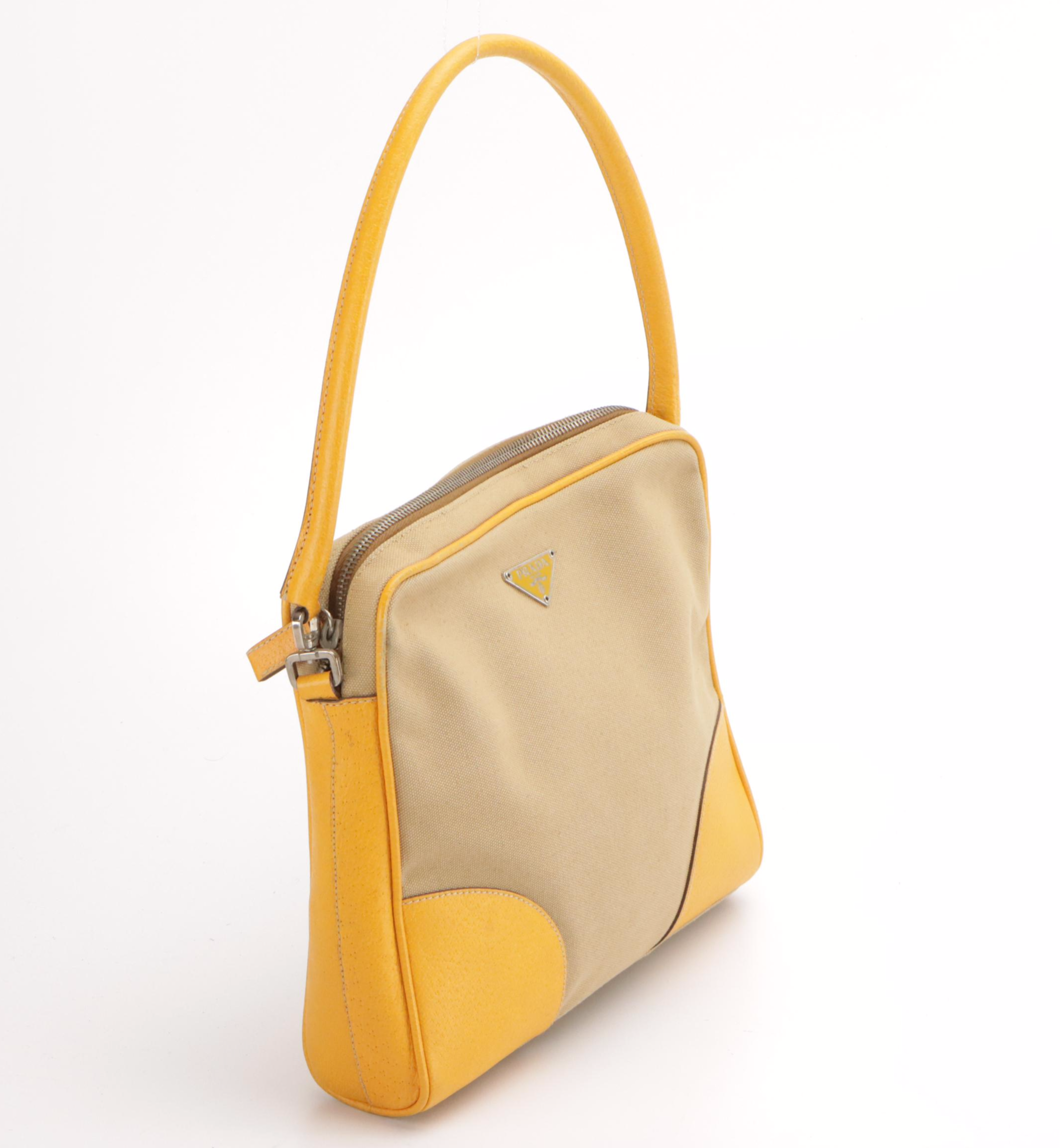 Prada Canapa Canvas and Yellow Leather Zippered Shoulder Bag