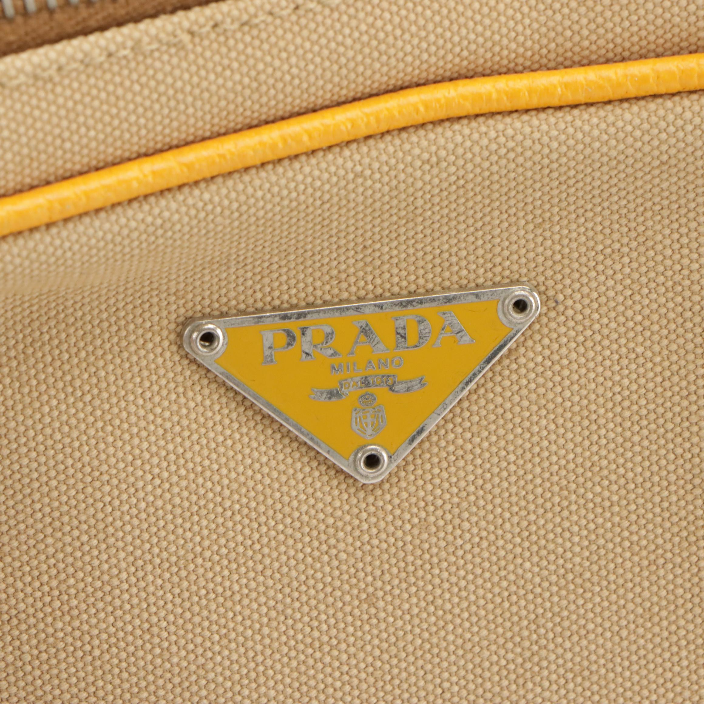 Prada Canapa Canvas and Yellow Leather Zippered Shoulder Bag