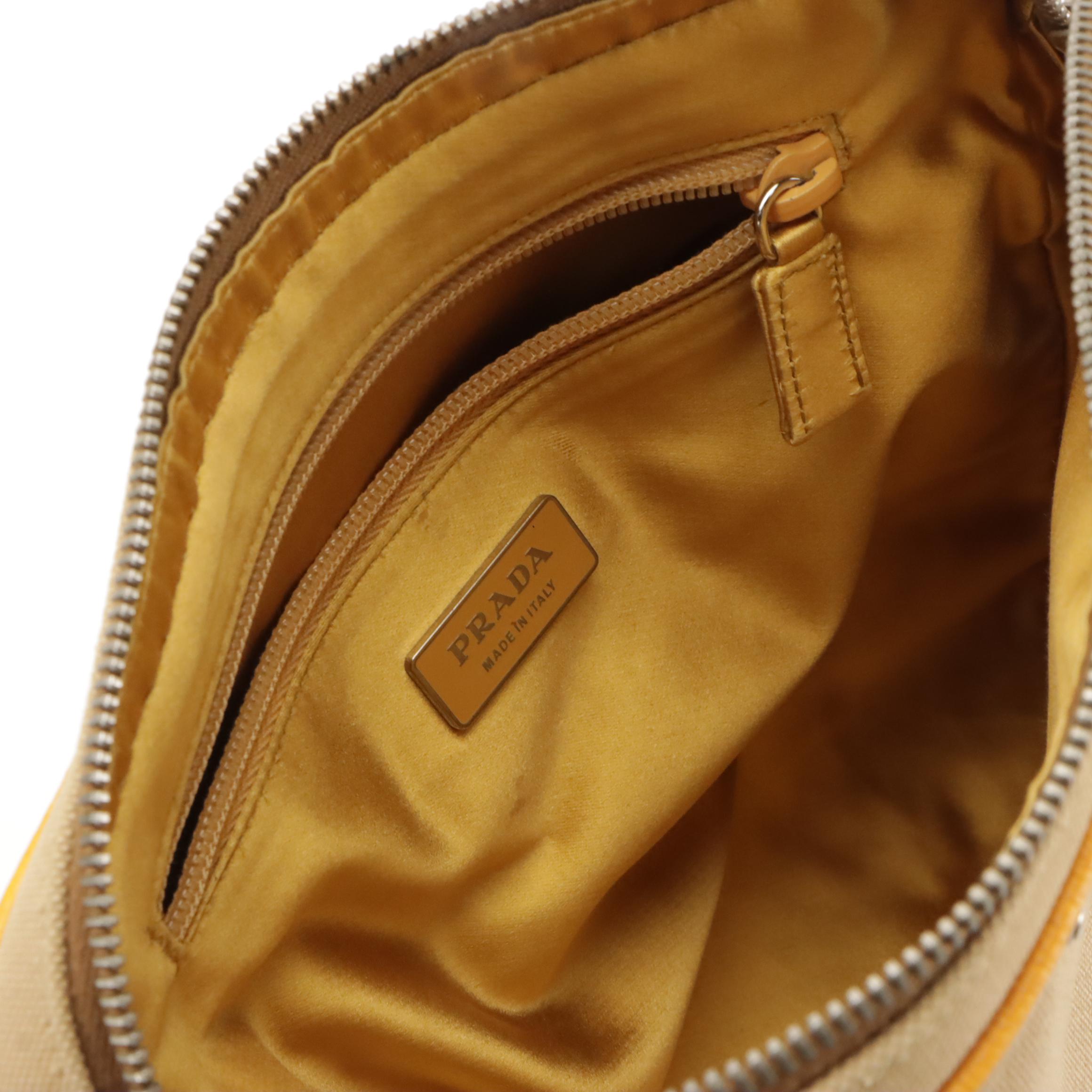 Prada Canapa Canvas and Yellow Leather Zippered Shoulder Bag