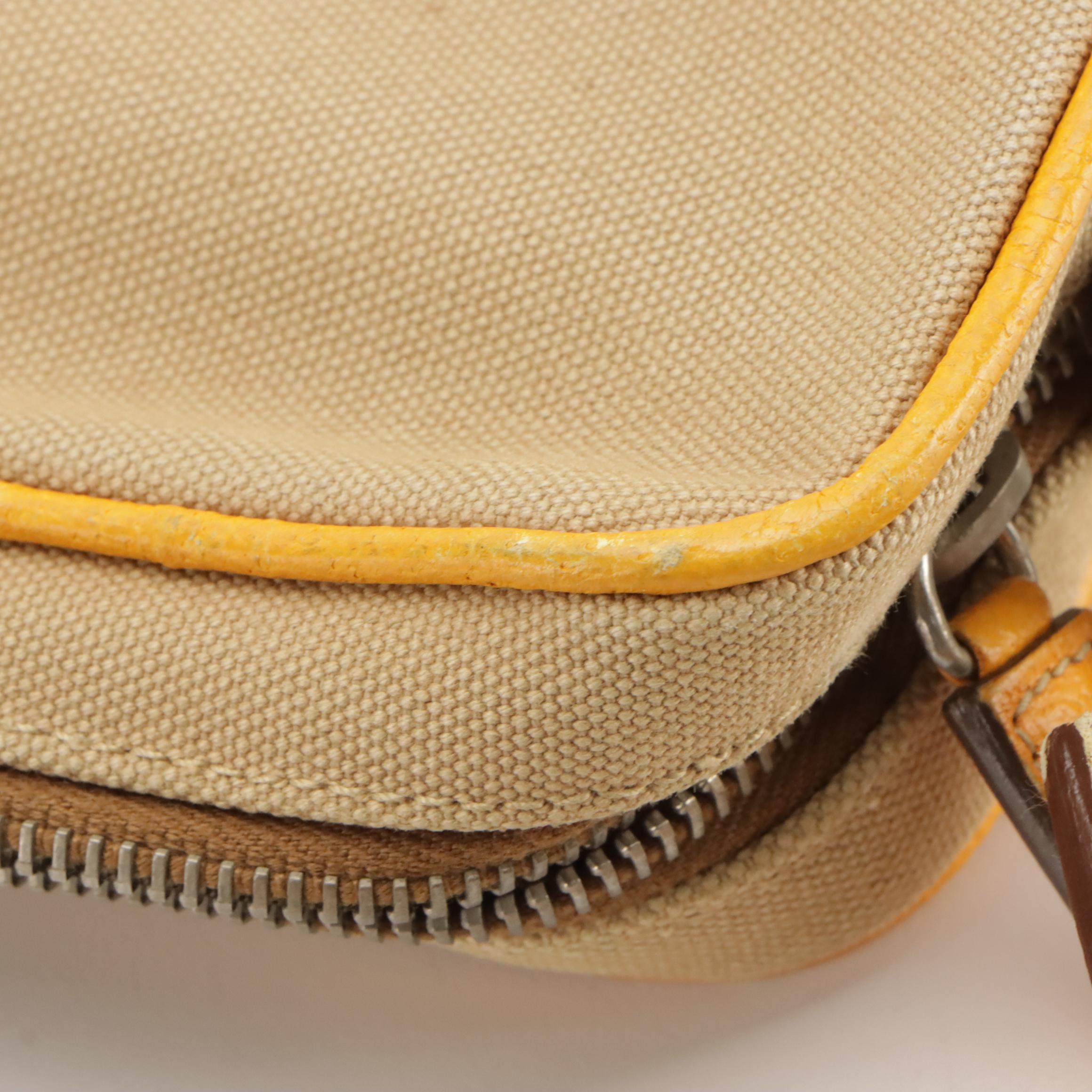 Prada Canapa Canvas and Yellow Leather Zippered Shoulder Bag