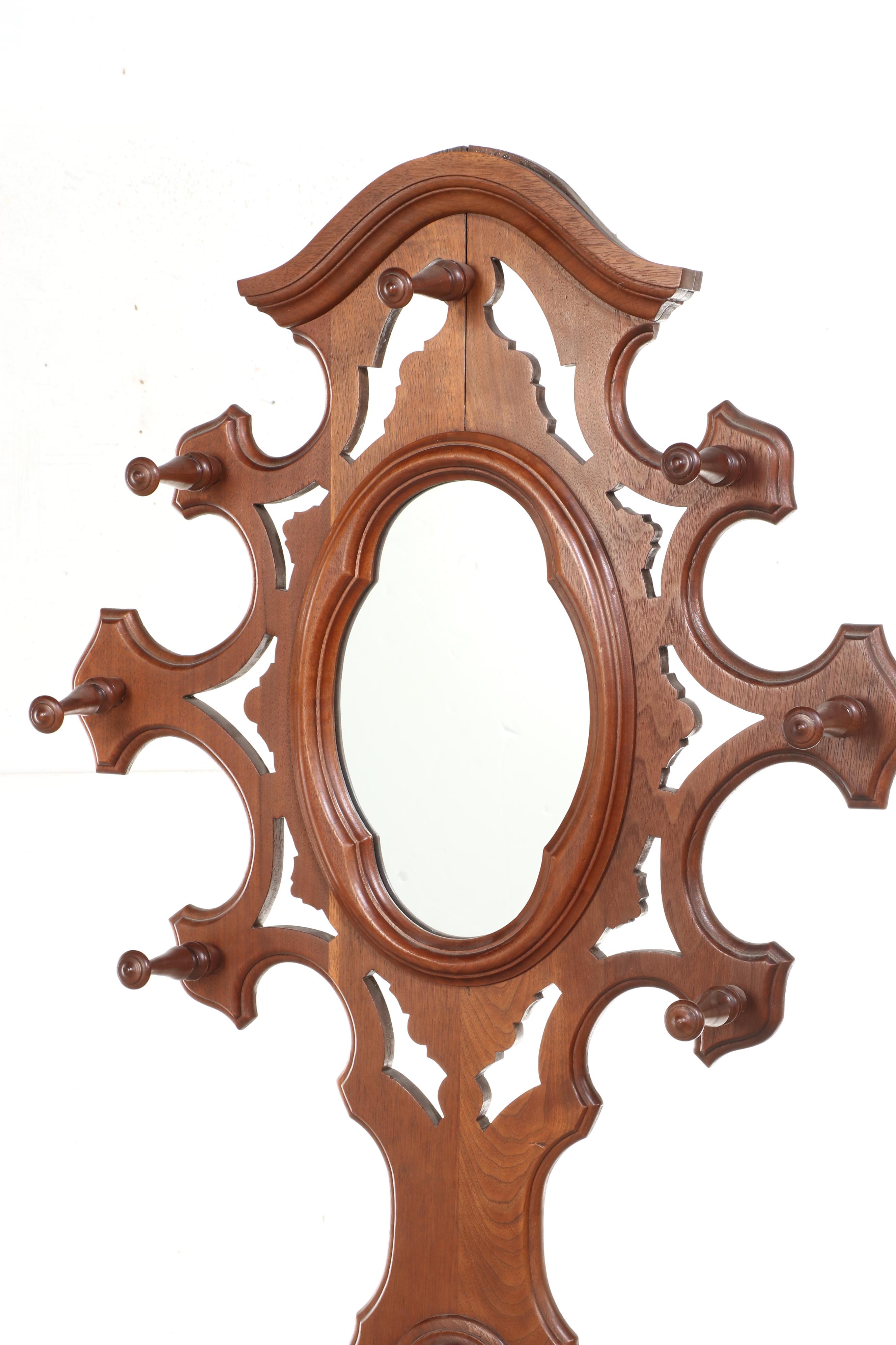 Victorian Mirrored Hall Tree with Marble Top Glove Drawer and Umbrella Stands