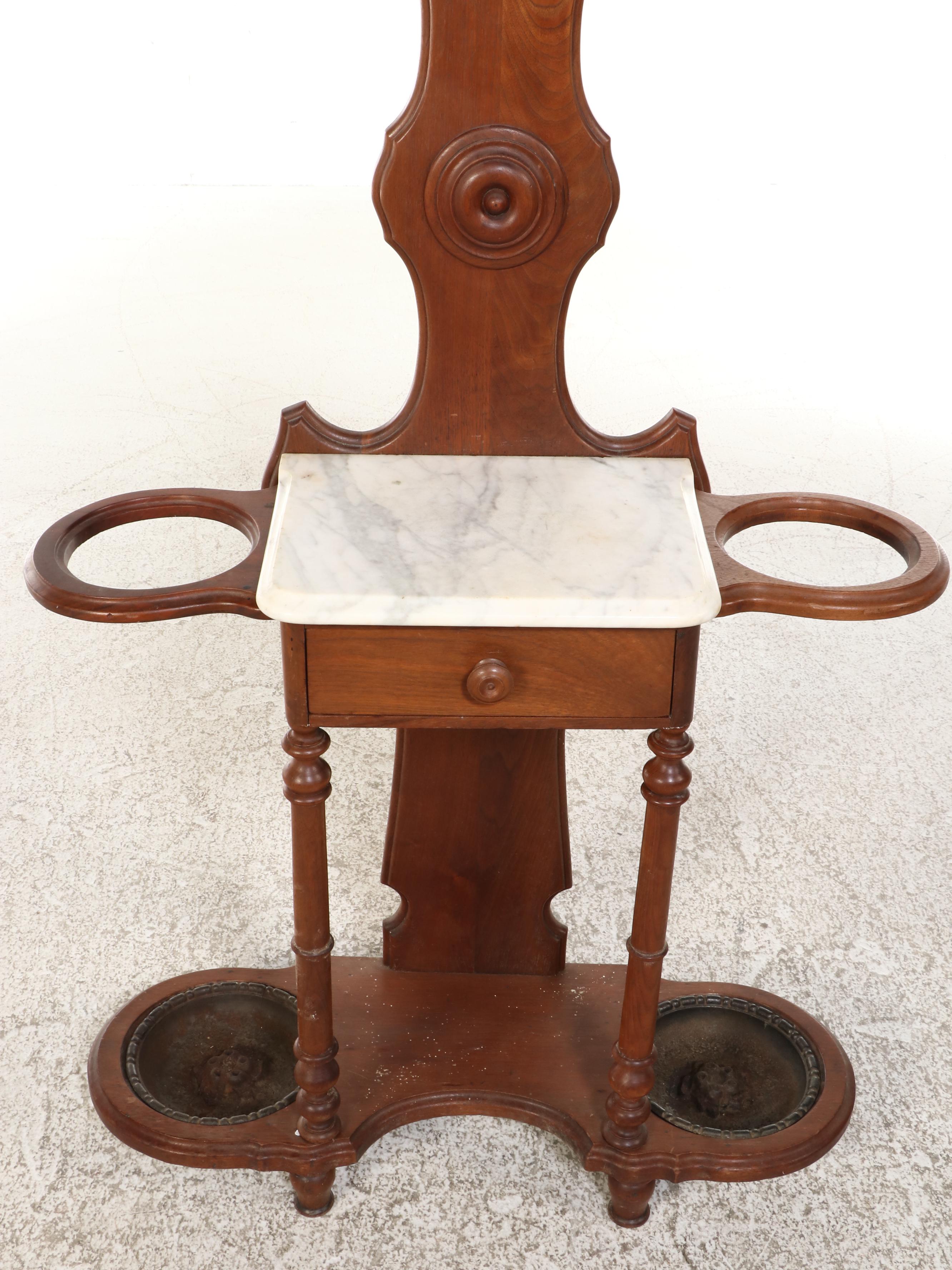 Victorian Mirrored Hall Tree with Marble Top Glove Drawer and Umbrella Stands