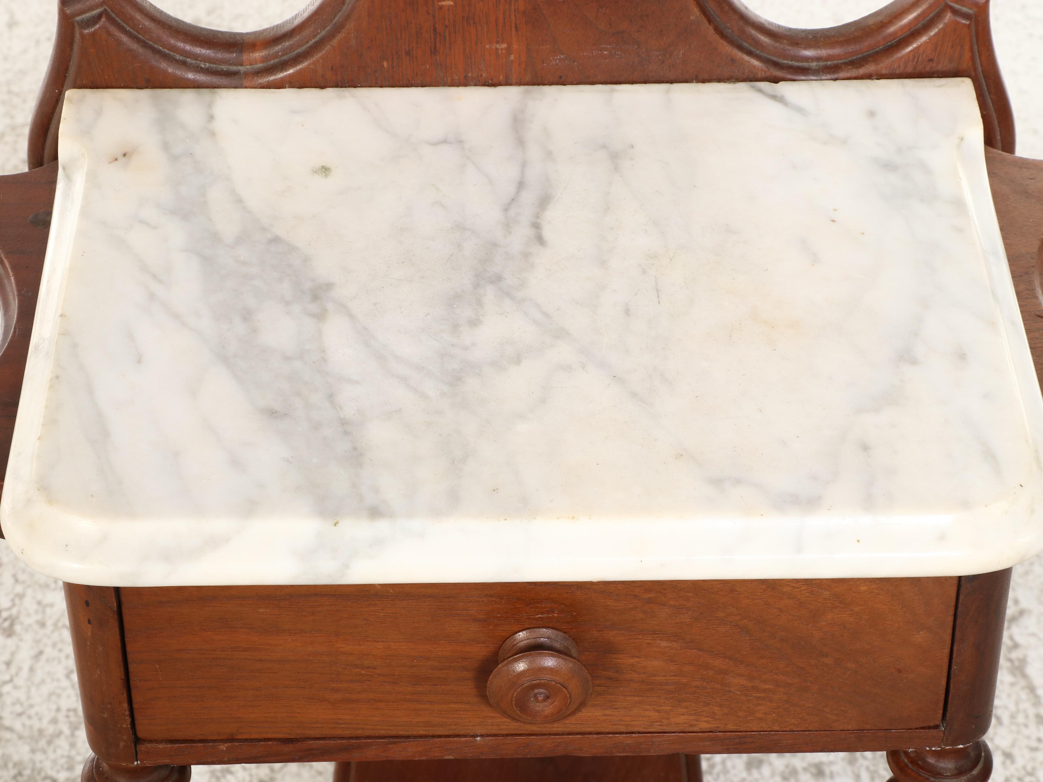 Victorian Mirrored Hall Tree with Marble Top Glove Drawer and Umbrella Stands