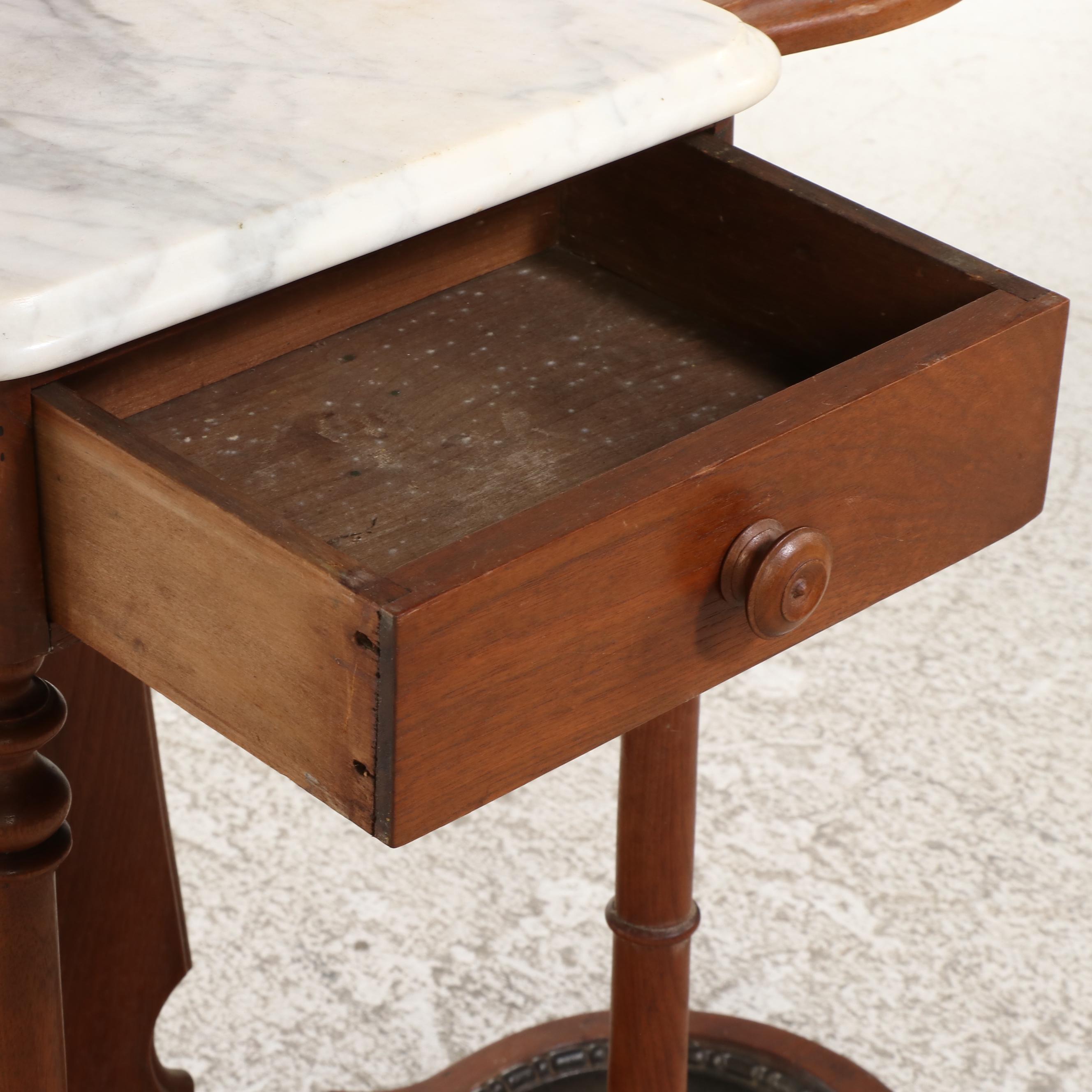 Victorian Mirrored Hall Tree with Marble Top Glove Drawer and Umbrella Stands