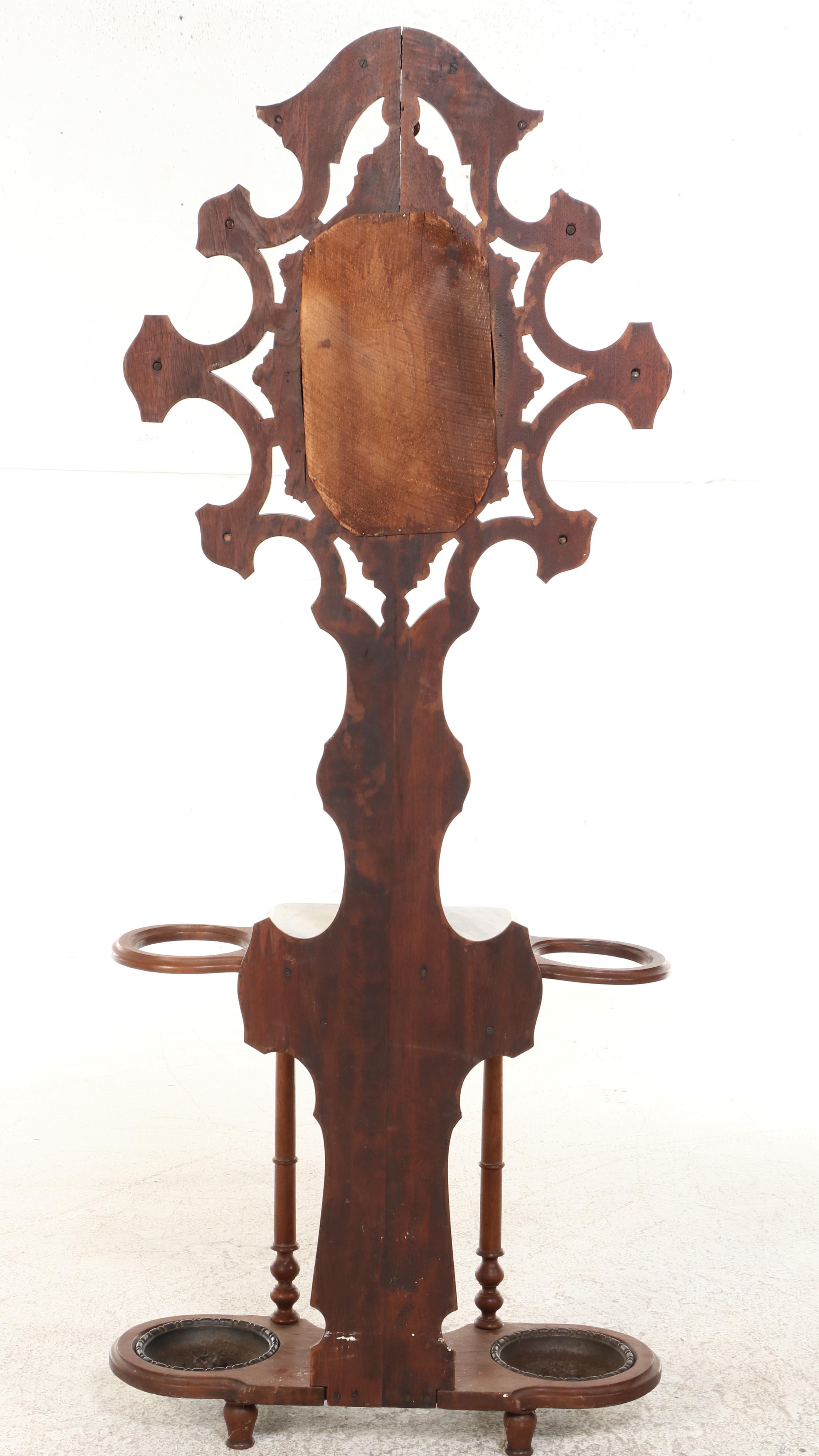 Victorian Mirrored Hall Tree with Marble Top Glove Drawer and Umbrella Stands