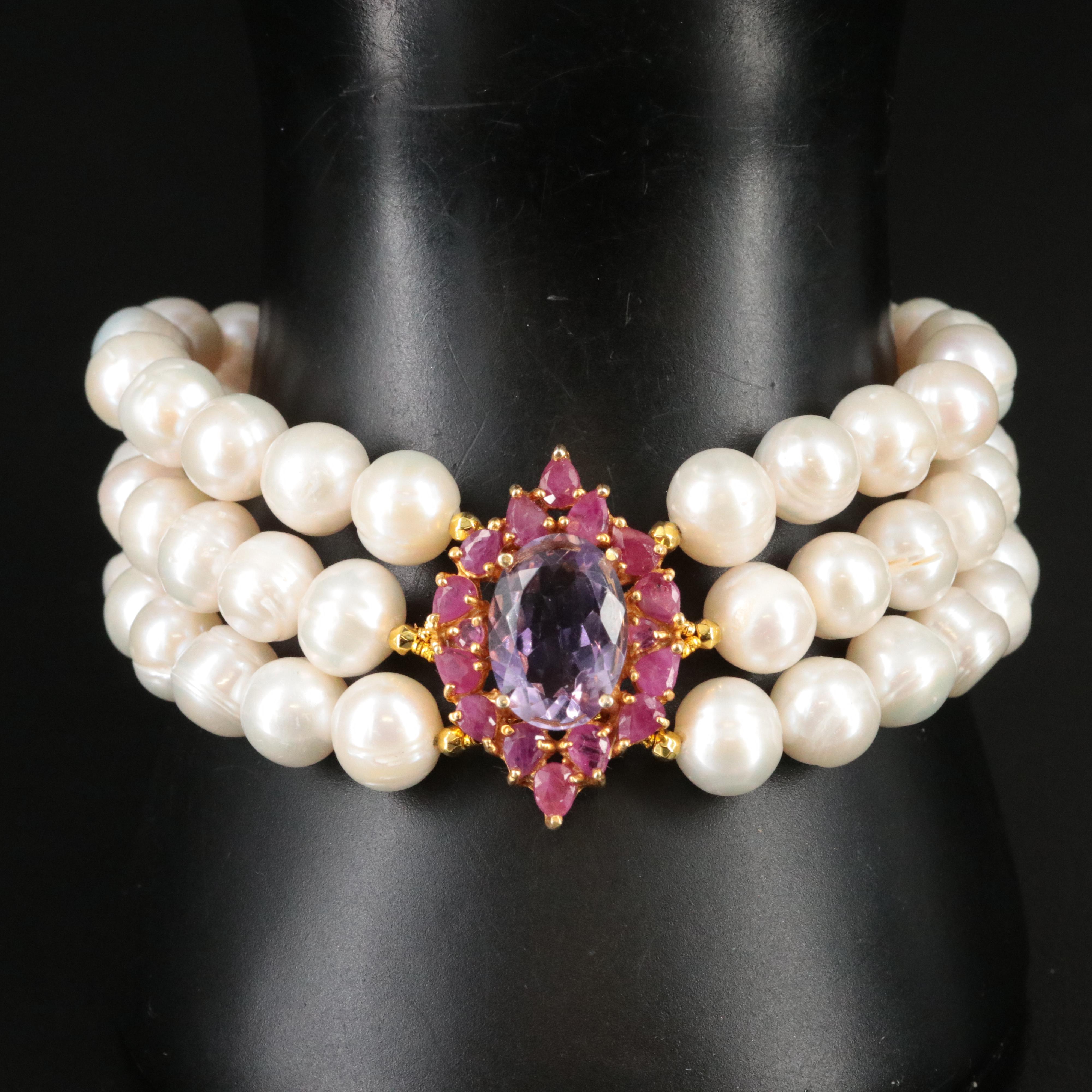 Sterling Triple Strand Pearl Bracelet with Gemstones