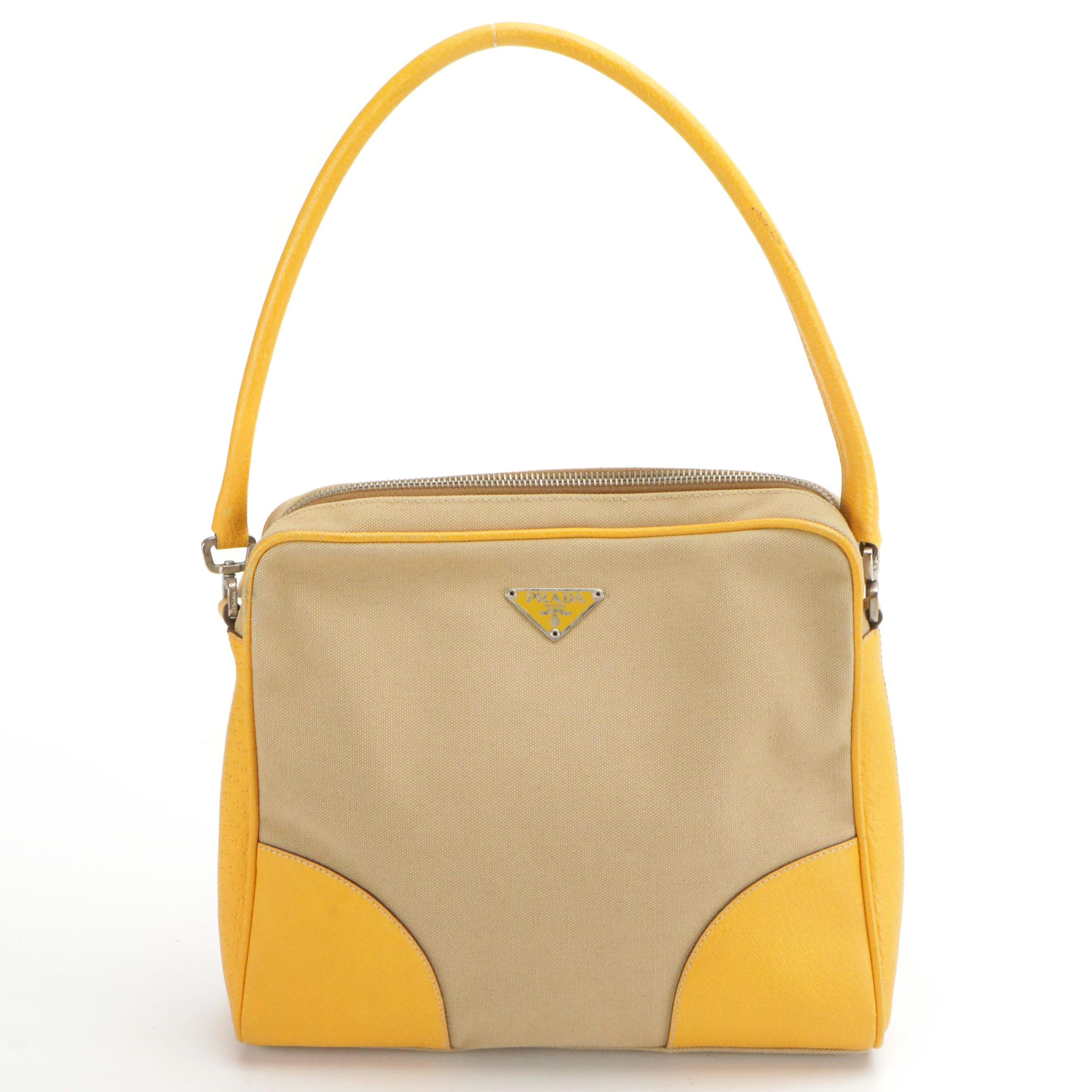 Prada Canapa Canvas and Yellow Leather Zippered Shoulder Bag