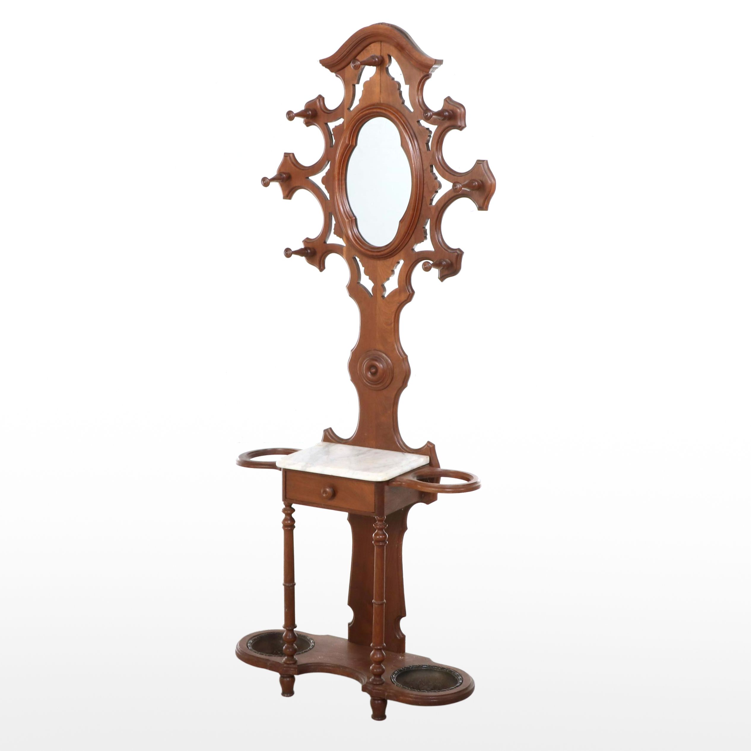 Victorian Mirrored Hall Tree with Marble Top Glove Drawer and Umbrella Stands