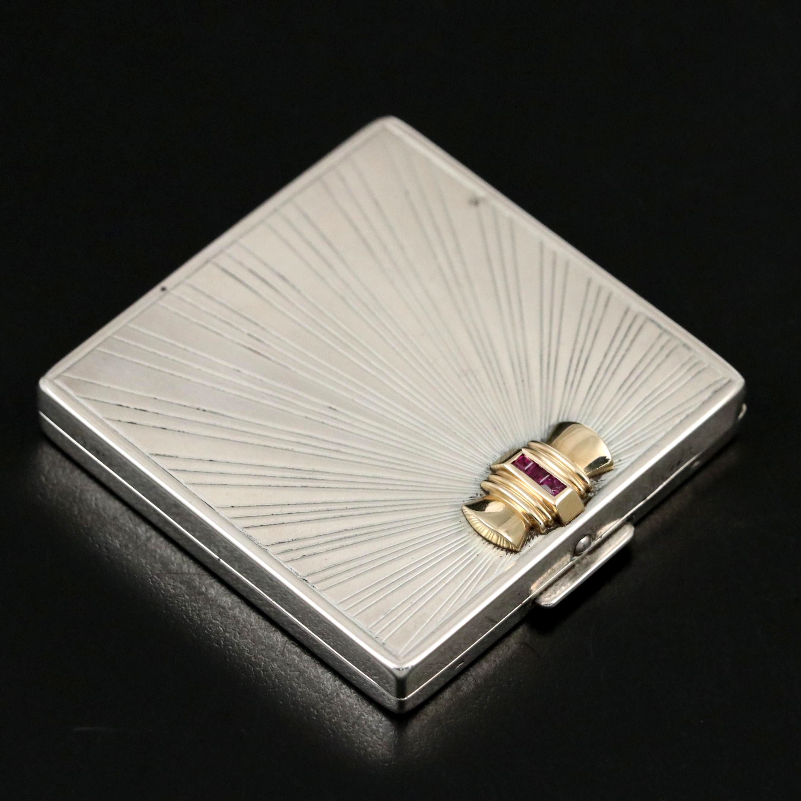 Tiffany & Co. Sterling and 14K Powder Compact with Square Cut Ruby Inlay