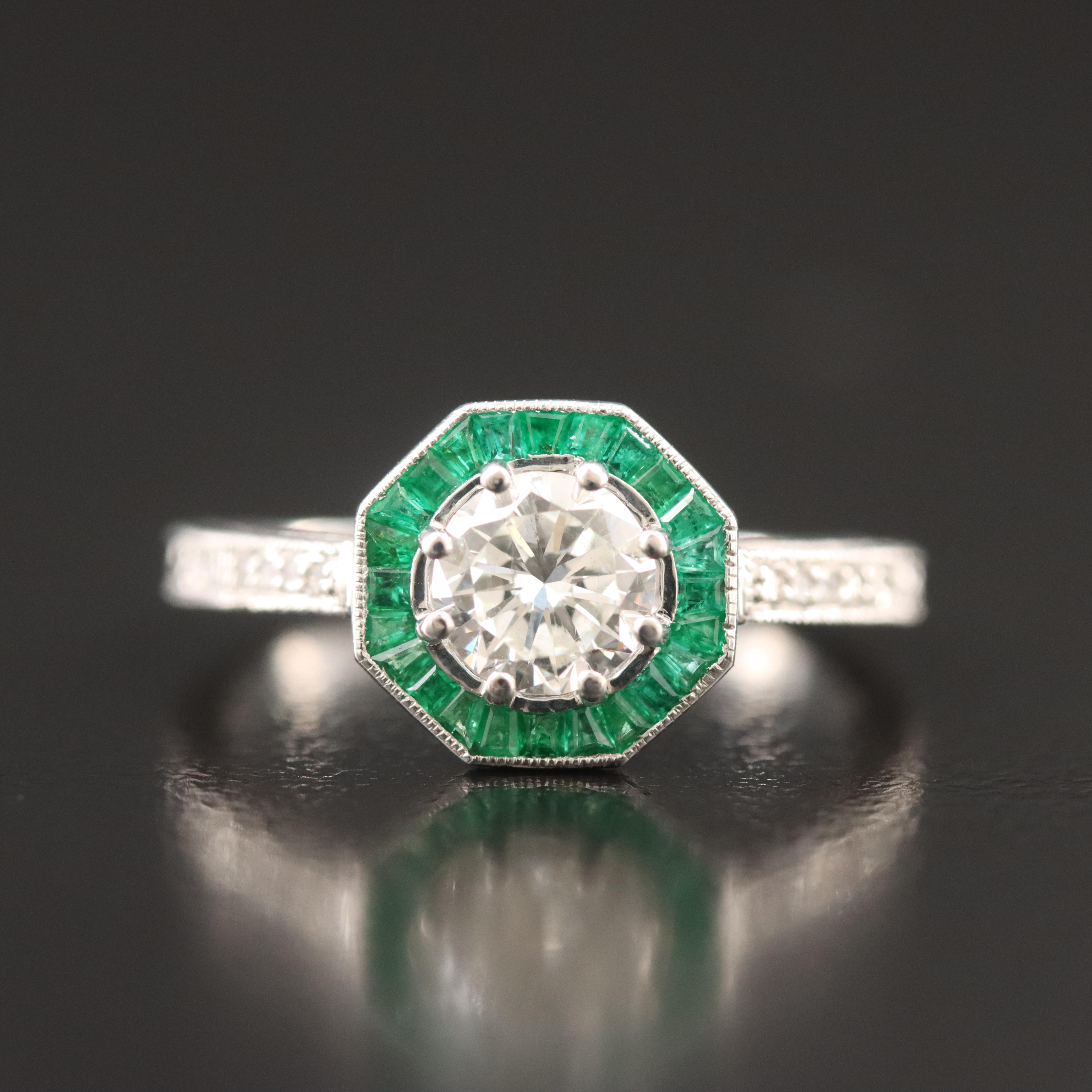 Art Deco 14K 0.77 CTW Diamond and Emerald Ring with GIA Report
