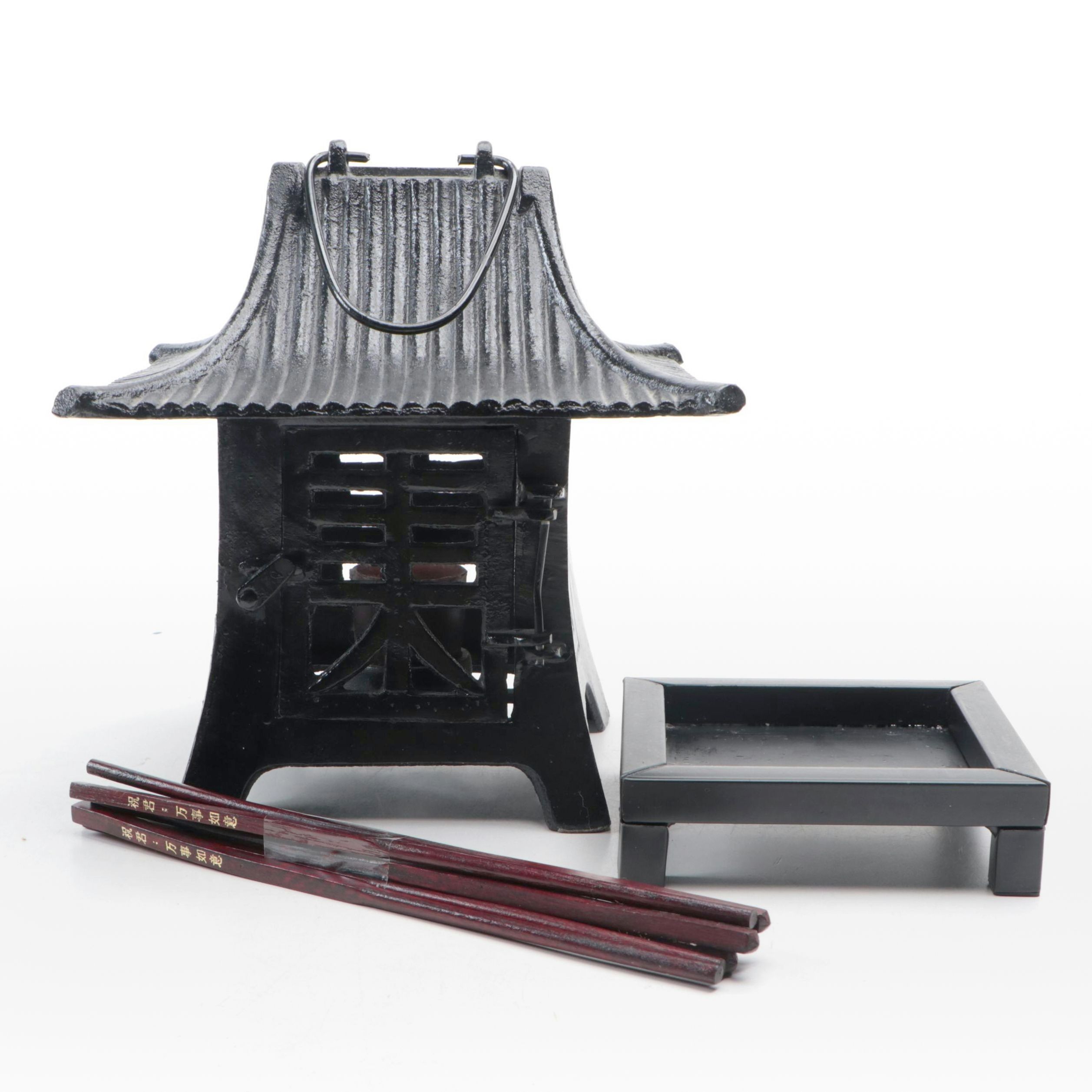Cast-Metal Japanese Shrine Lantern with Carved Wood Chopsticks