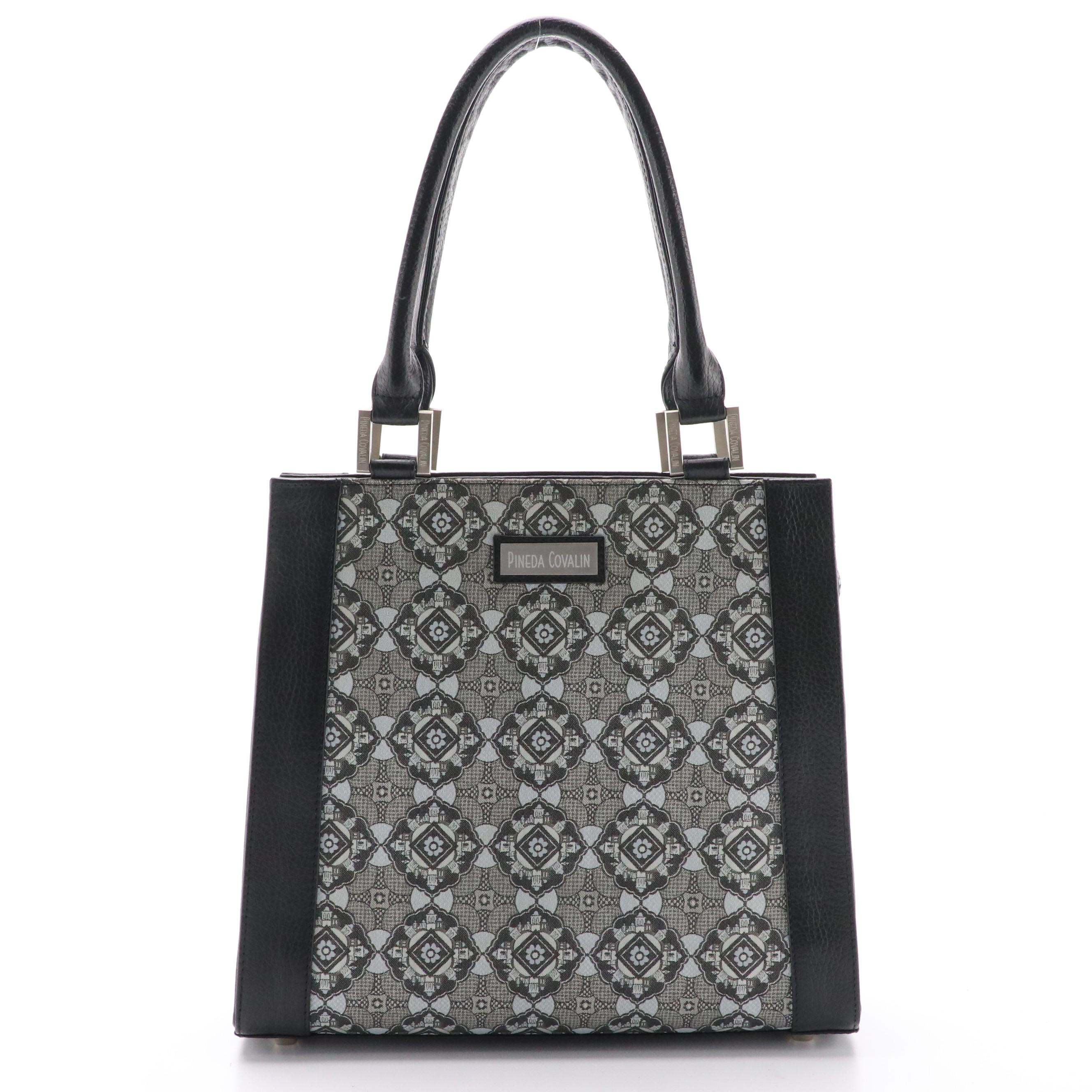 Pineda Covalin Yaab Shoulder Bag in Black Leather and Patterned Canvas