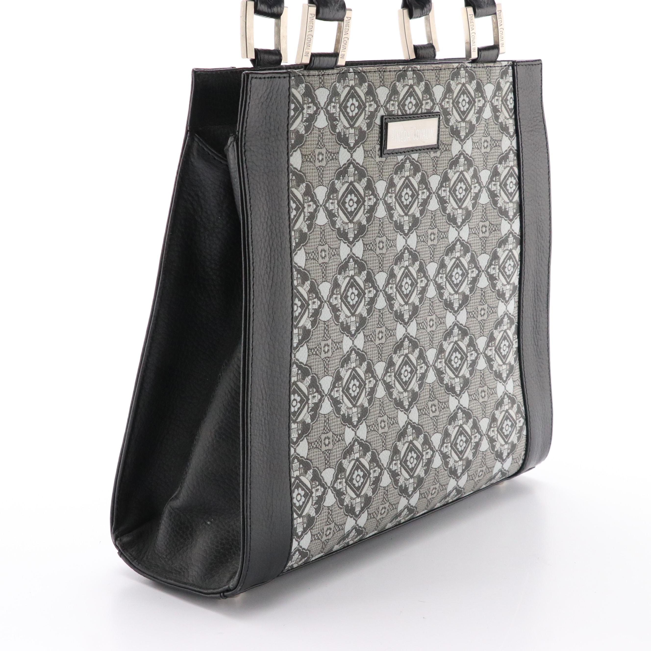 Pineda Covalin Yaab Shoulder Bag in Black Leather and Patterned Canvas