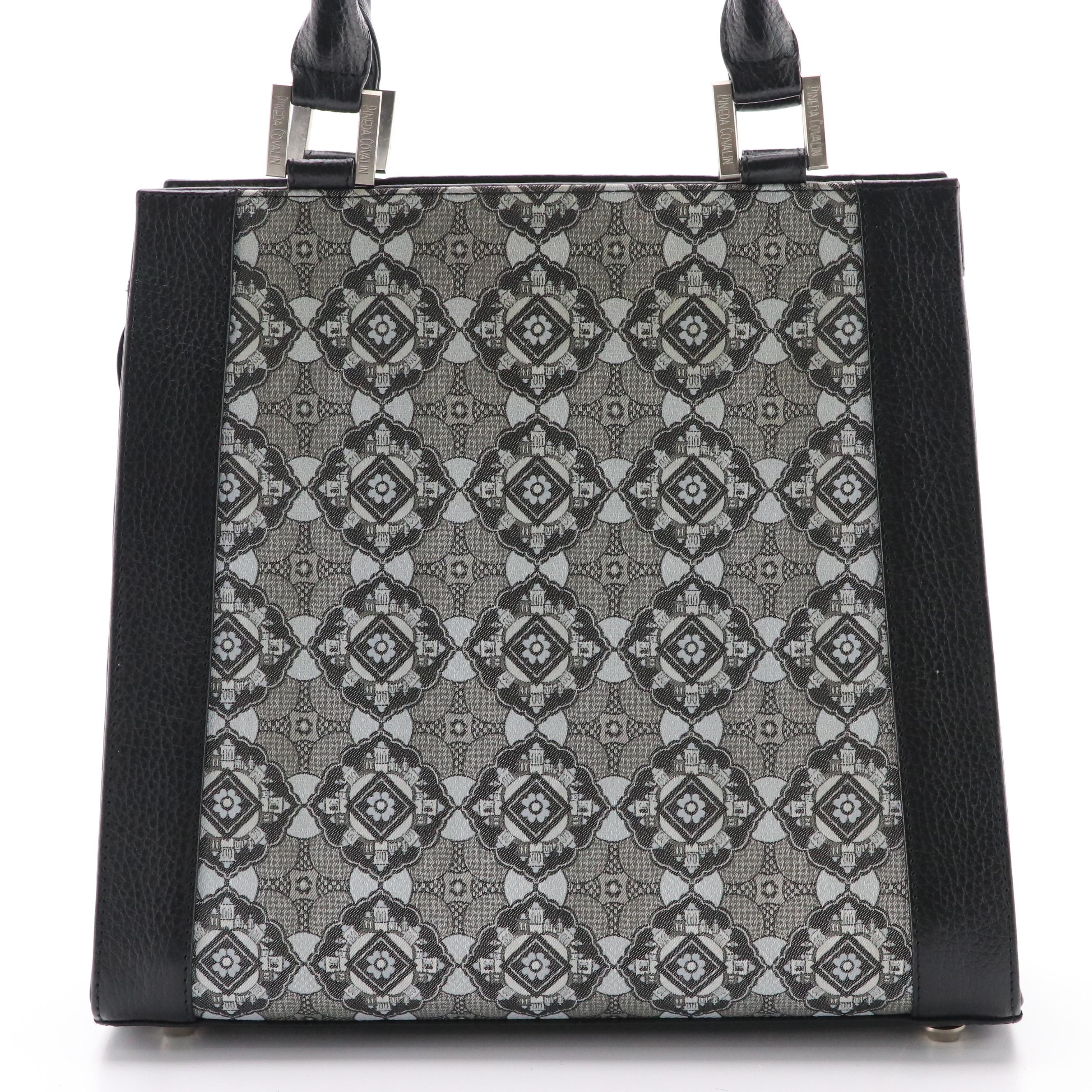 Pineda Covalin Yaab Shoulder Bag in Black Leather and Patterned Canvas