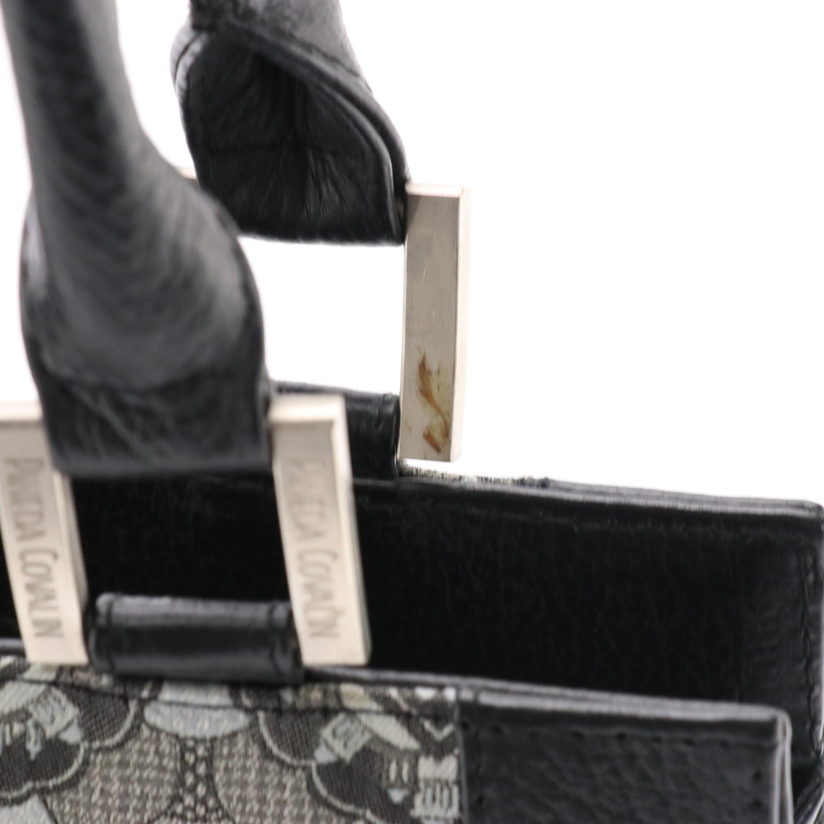 Pineda Covalin Yaab Shoulder Bag in Black Leather and Patterned Canvas