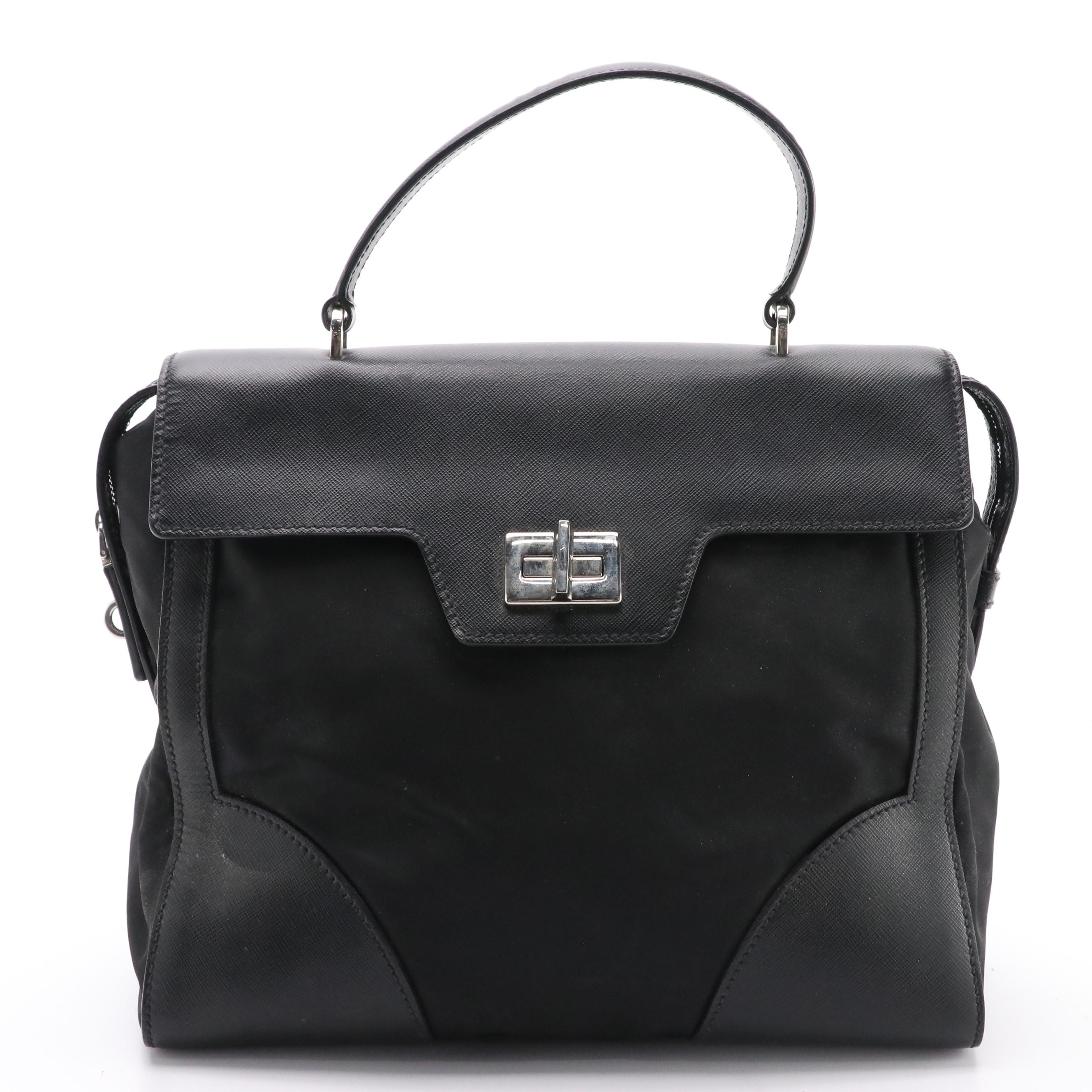 Prada Top Handle Bag in Black Saffiano Leather and Tessuto Nylon