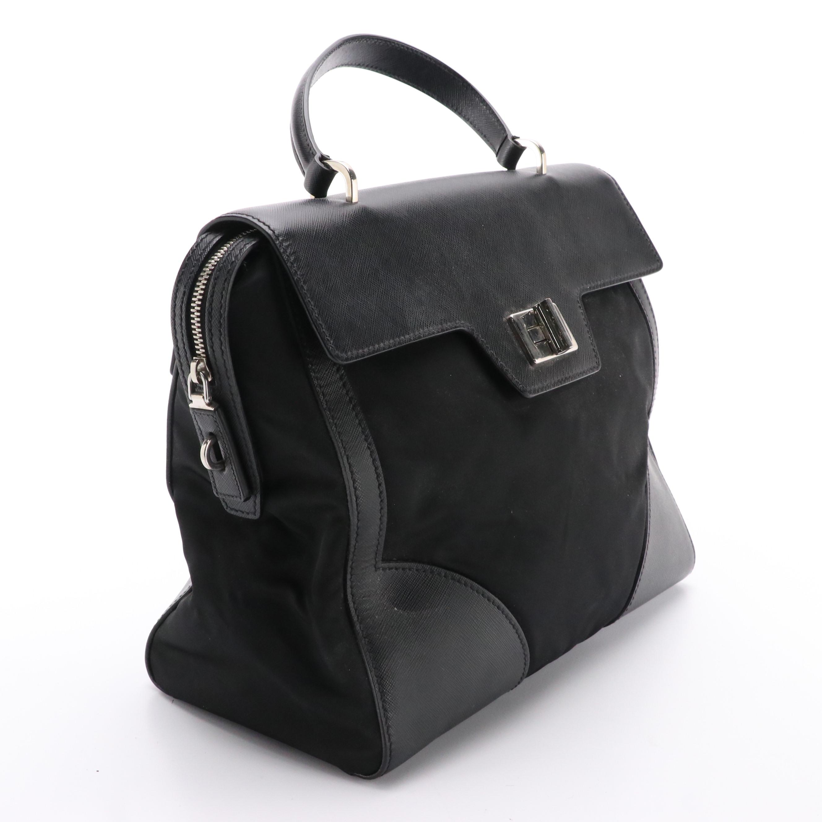 Prada Top Handle Bag in Black Saffiano Leather and Tessuto Nylon