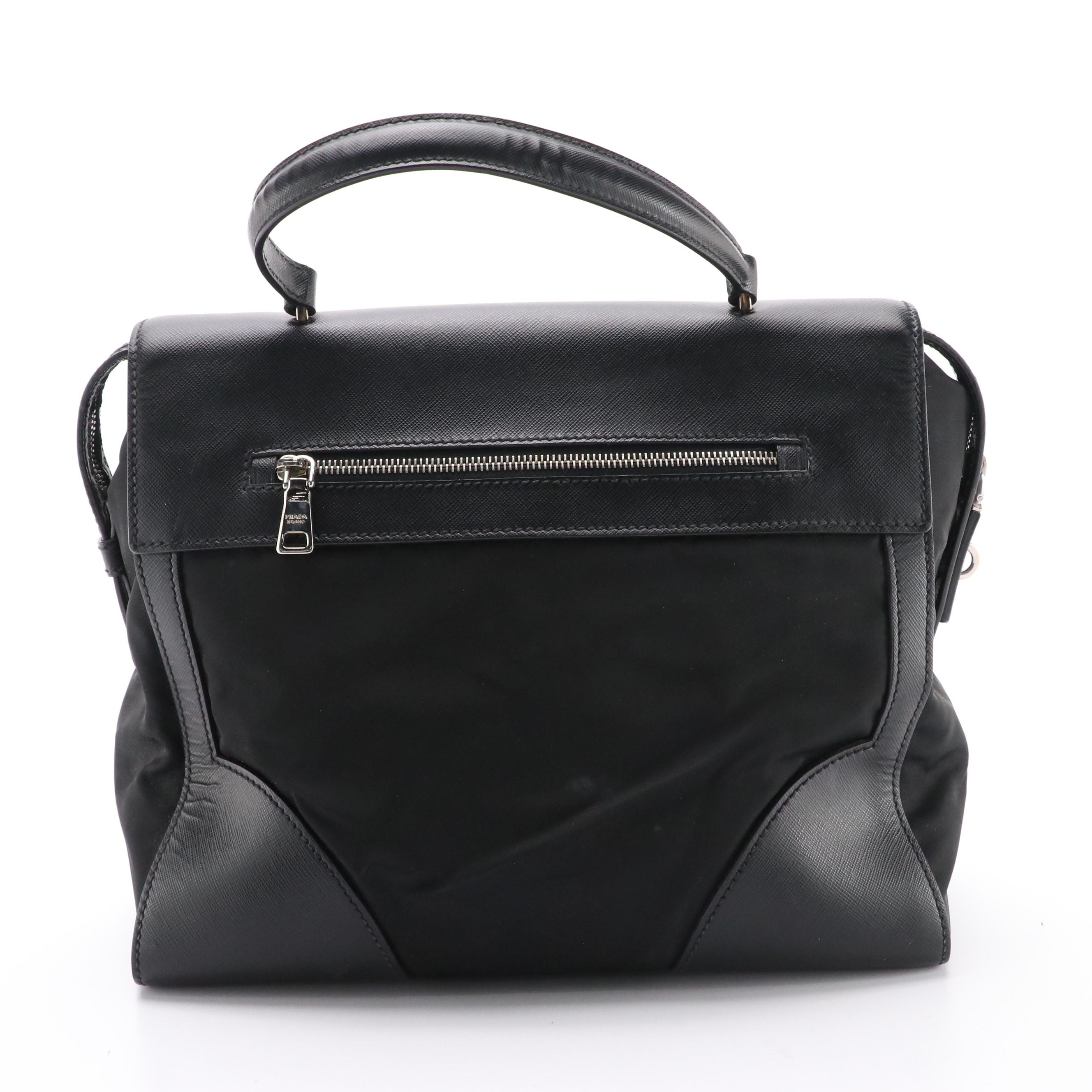 Prada Top Handle Bag in Black Saffiano Leather and Tessuto Nylon
