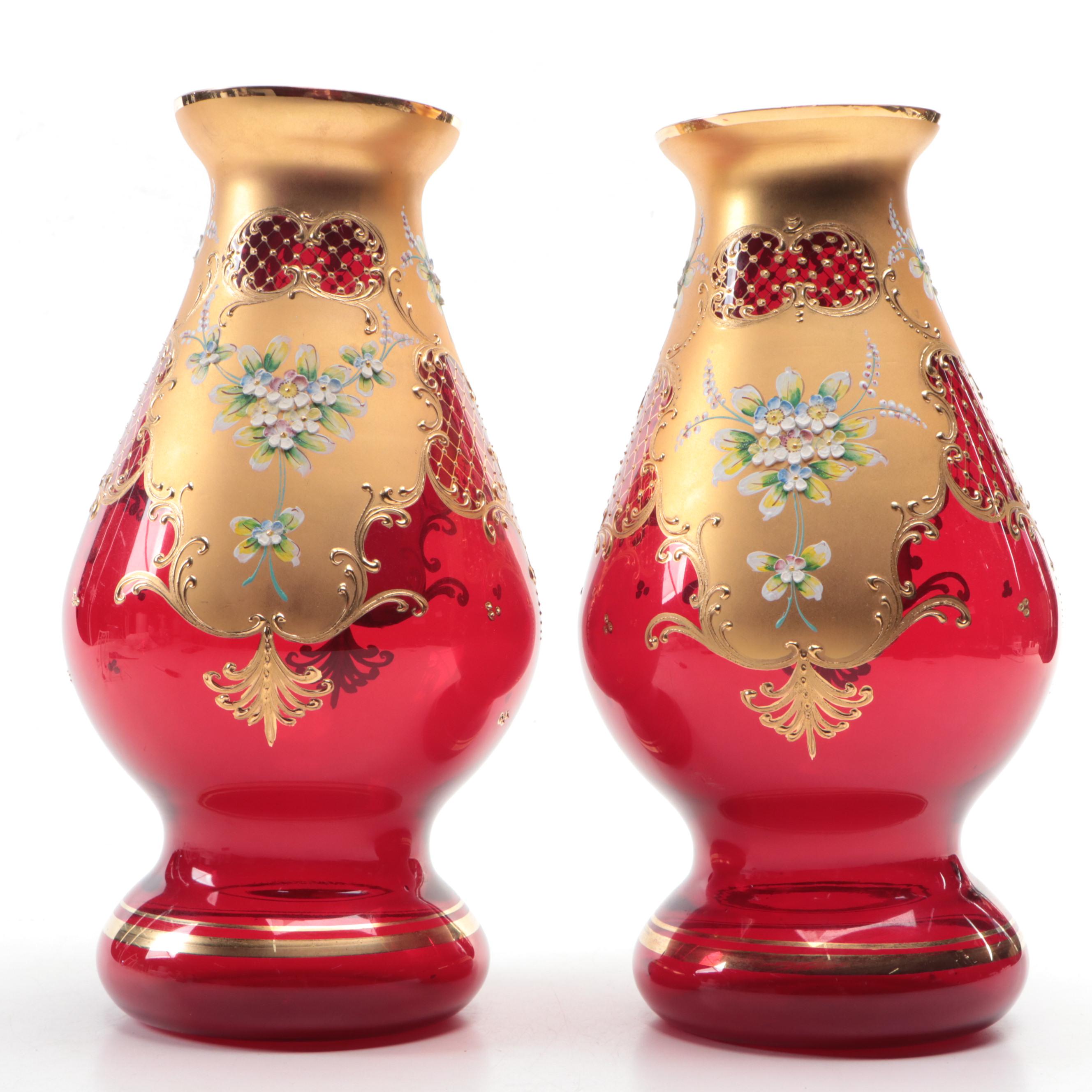 Simone Cenedese Gilt Ruby Murano Glass Vases
