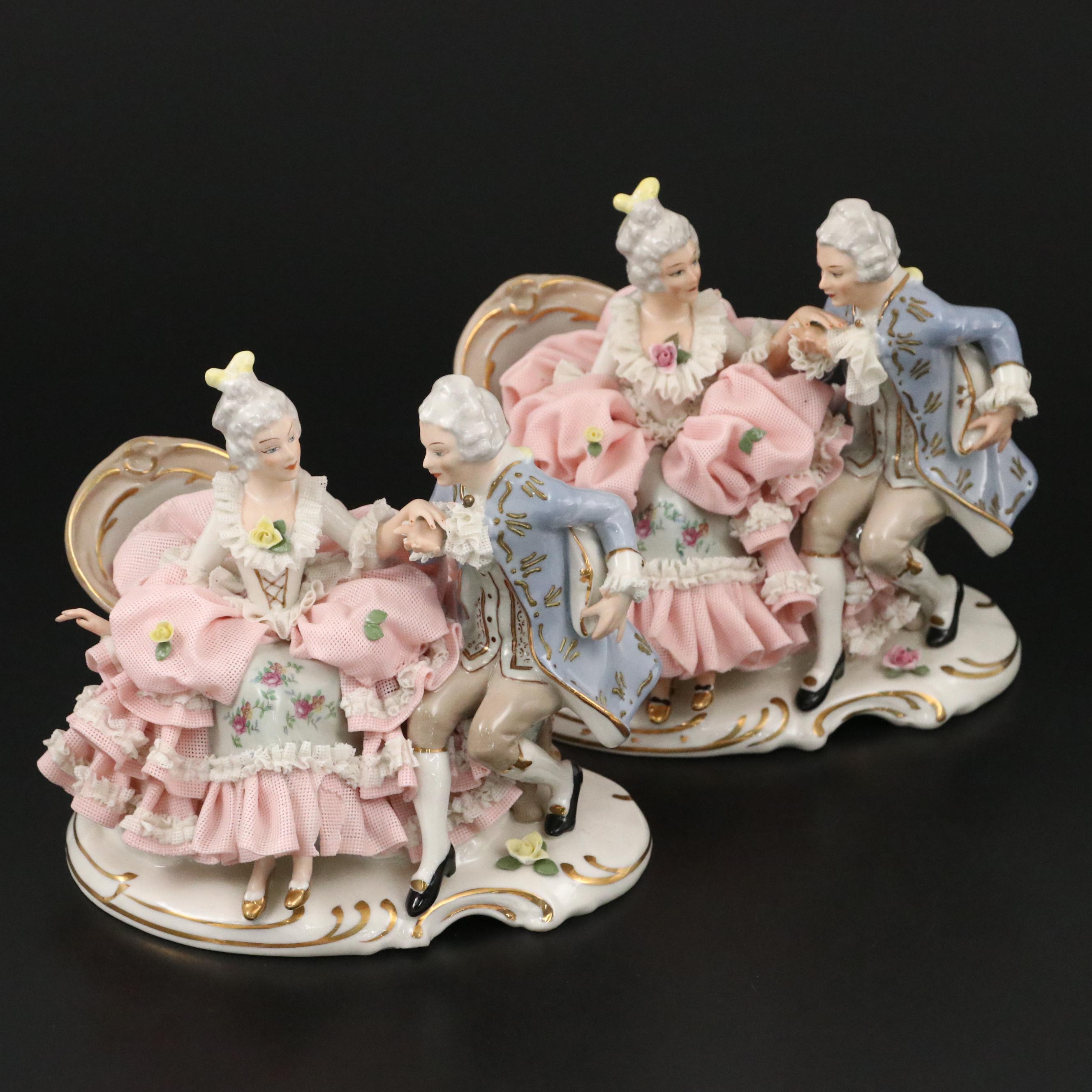 Sandizell Dresden Lace Porcelain Courtship Figurine, Mid-20th Century