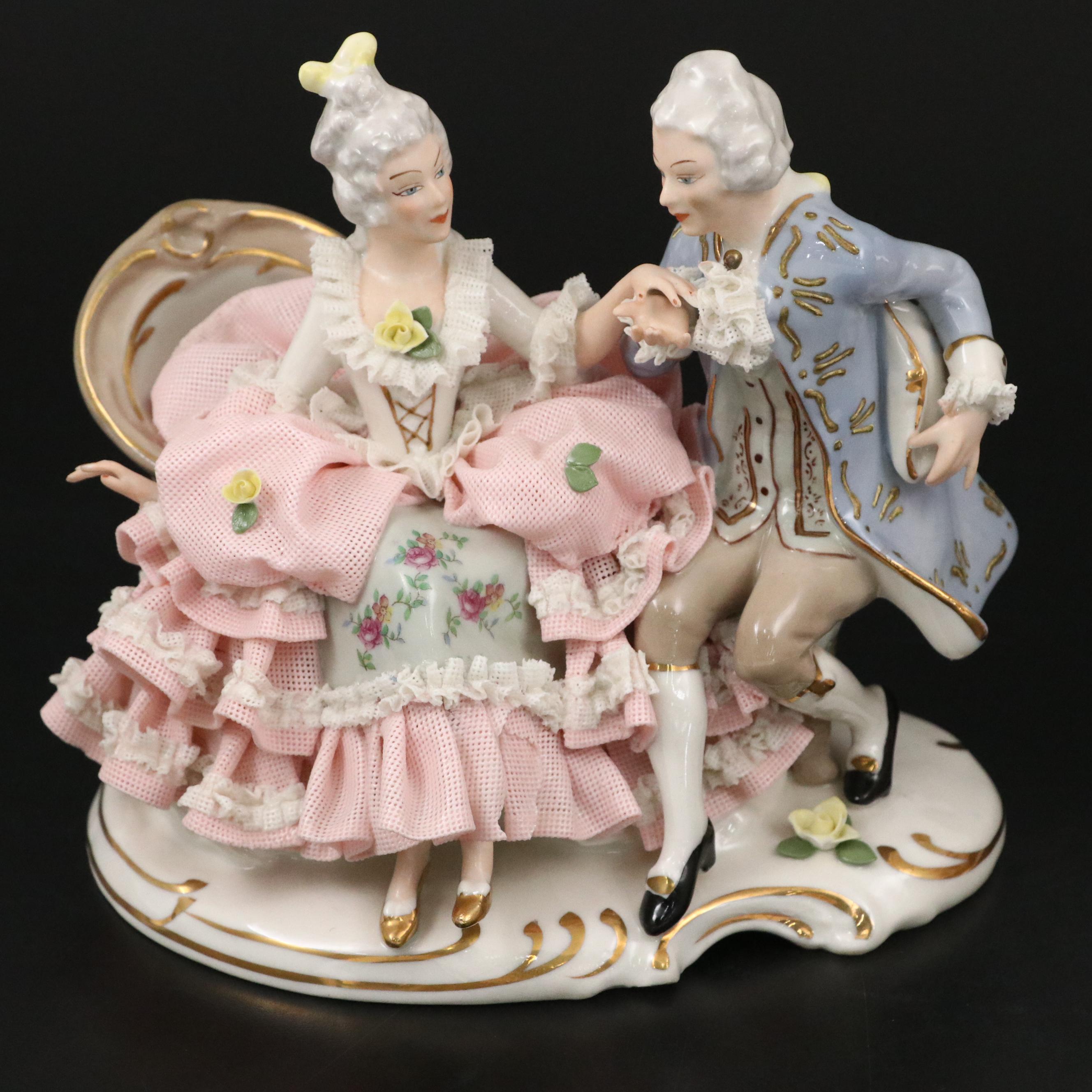 Sandizell Dresden Lace Porcelain Courtship Figurine, Mid-20th Century
