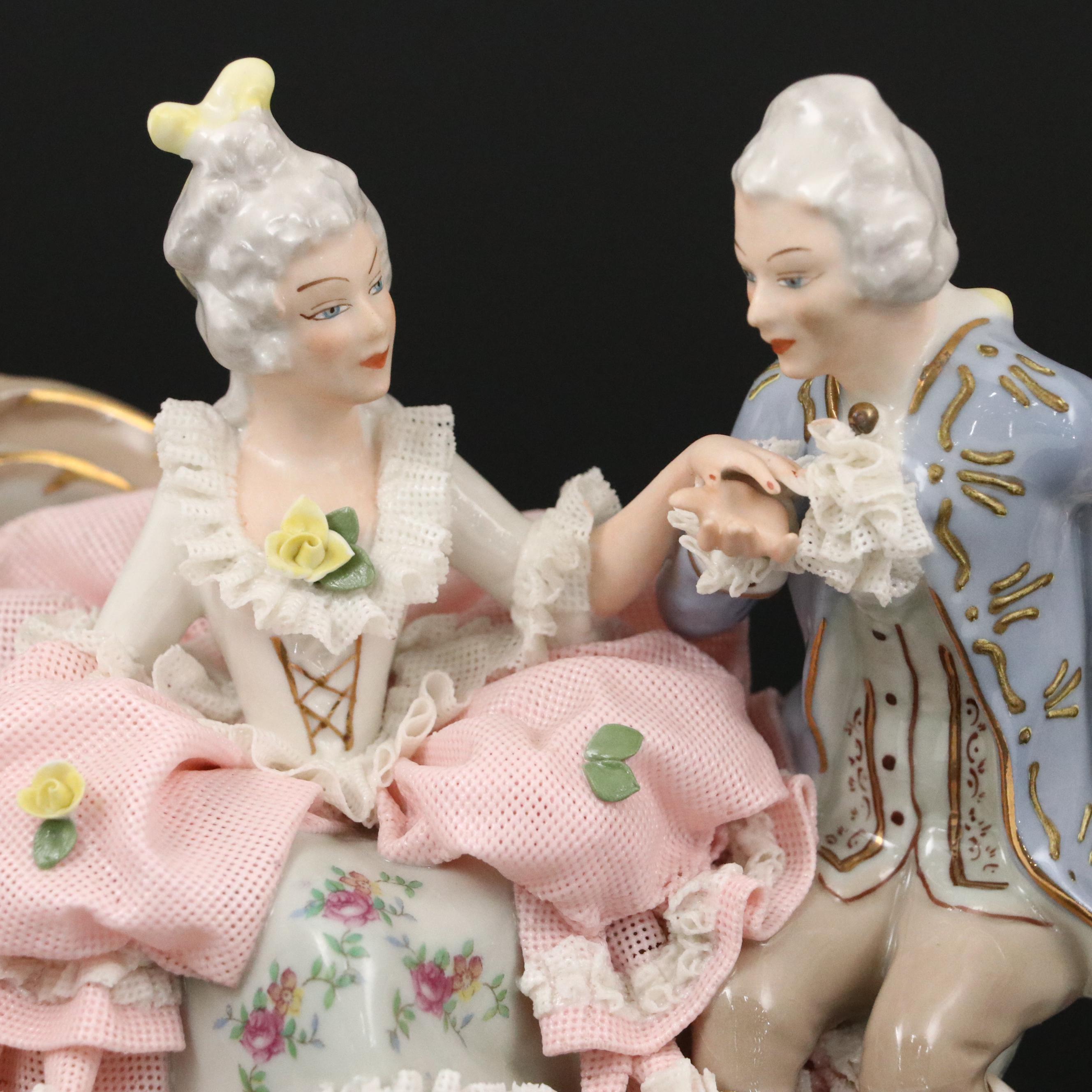 Sandizell Dresden Lace Porcelain Courtship Figurine, Mid-20th Century