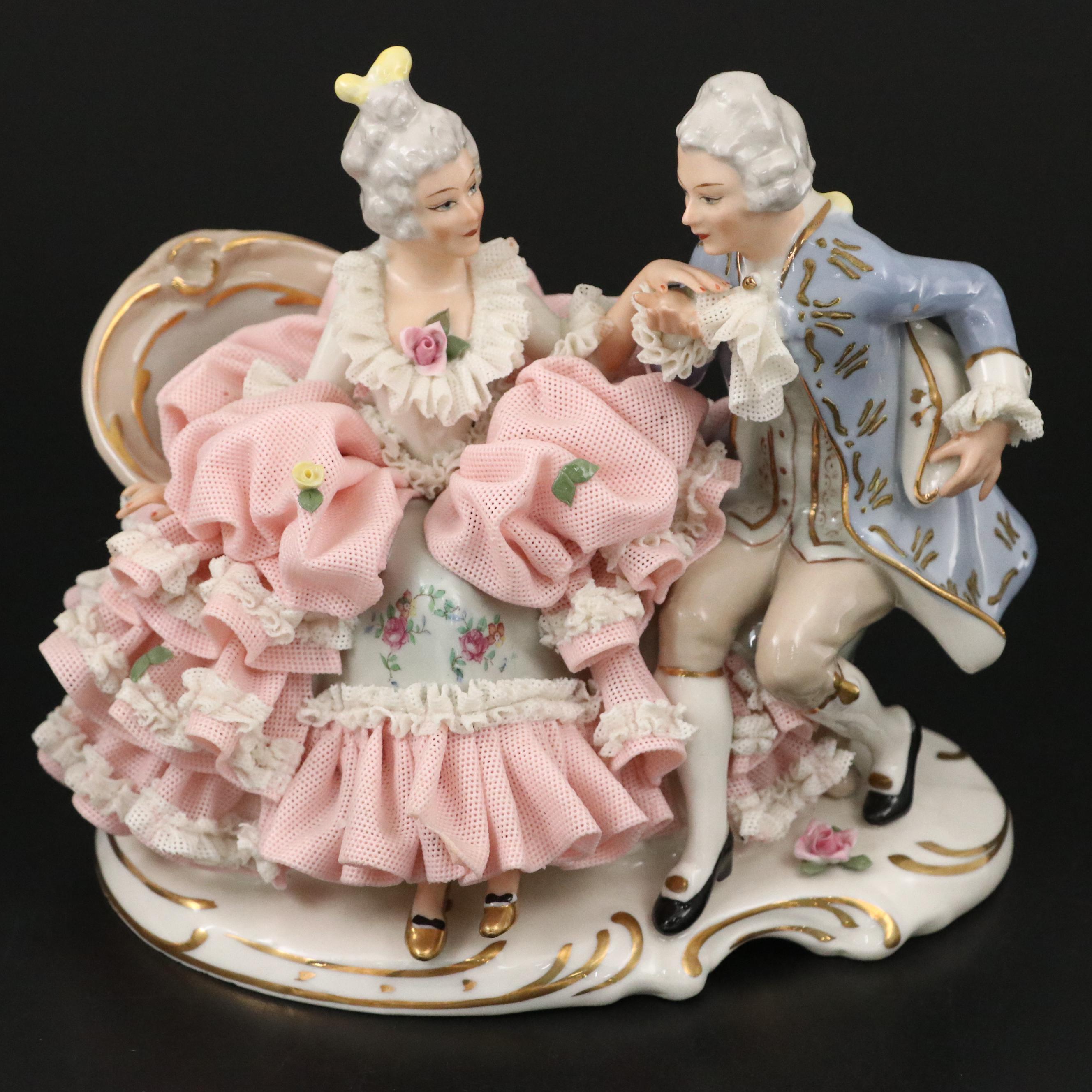 Sandizell Dresden Lace Porcelain Courtship Figurine, Mid-20th Century