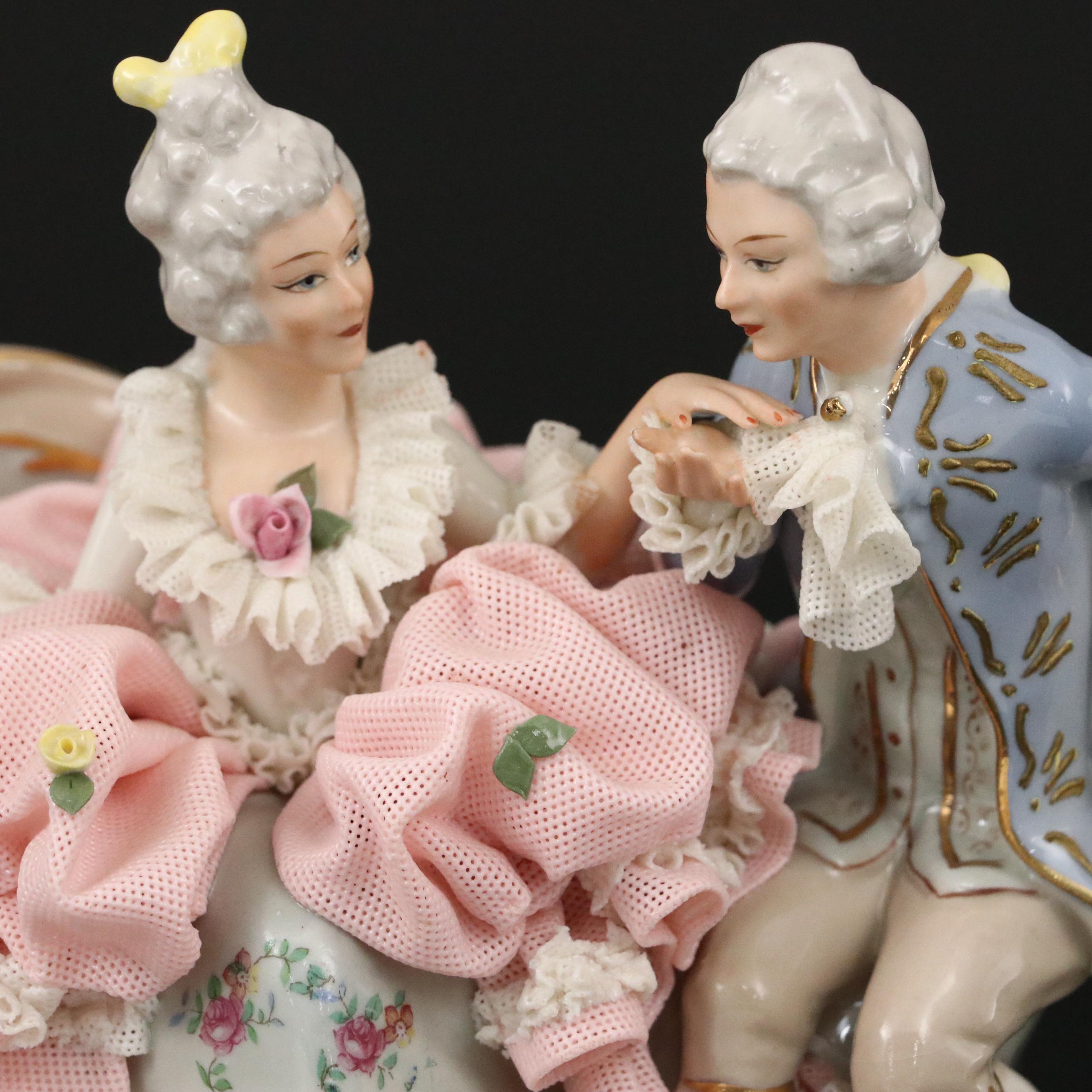 Sandizell Dresden Lace Porcelain Courtship Figurine, Mid-20th Century