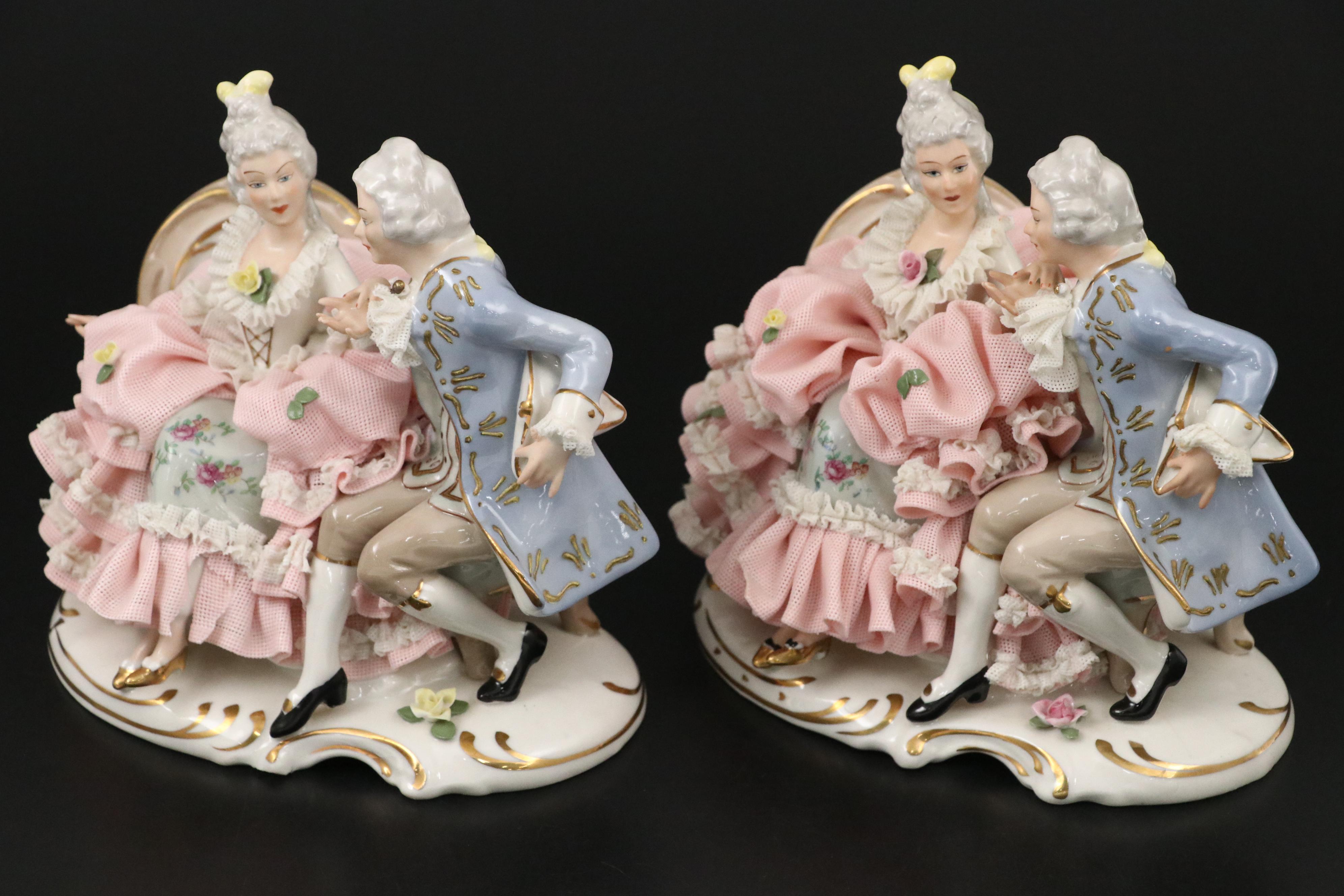 Sandizell Dresden Lace Porcelain Courtship Figurine, Mid-20th Century