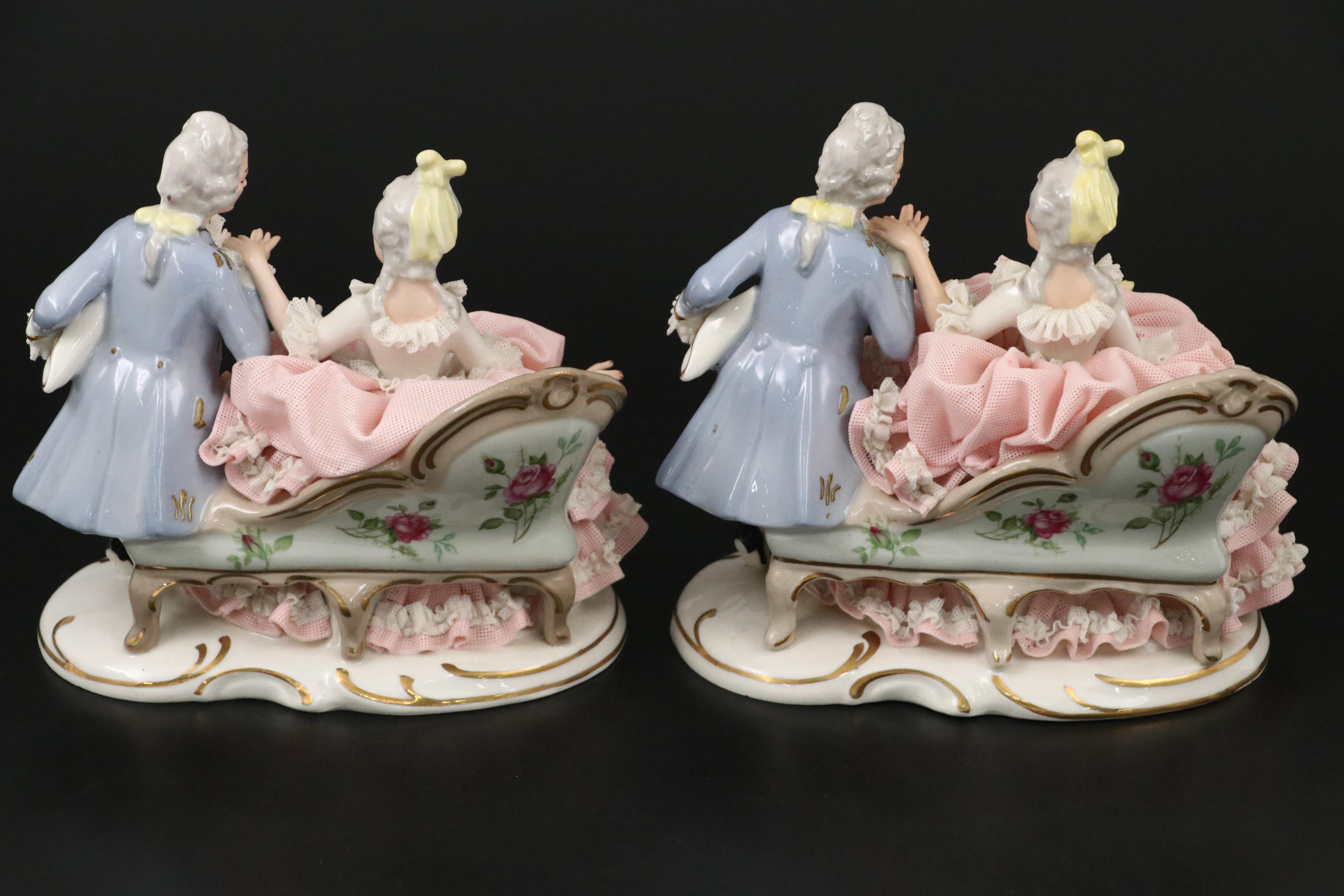 Sandizell Dresden Lace Porcelain Courtship Figurine, Mid-20th Century