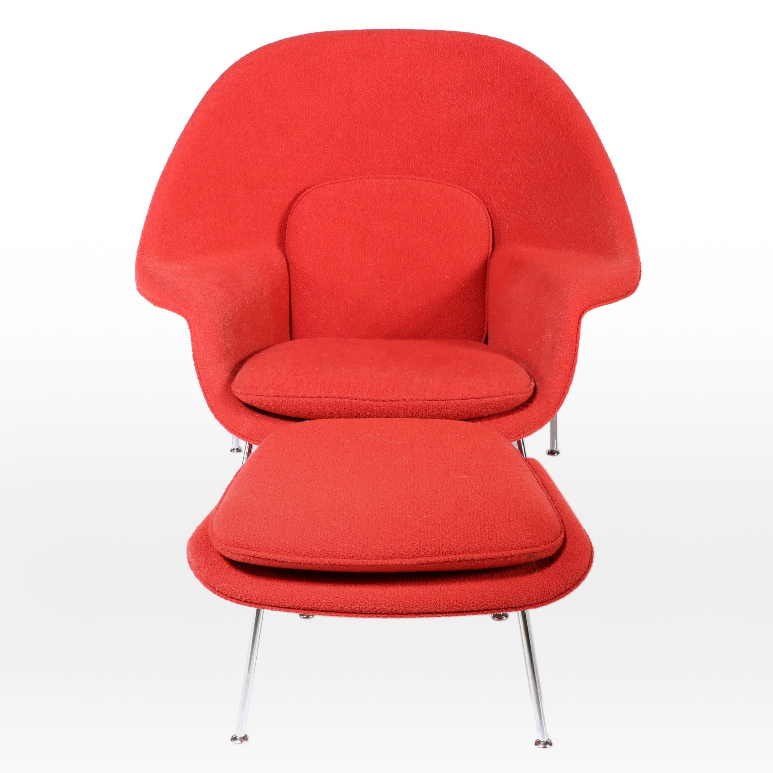 Knoll "Womb" MCM Red Bouclé Armchair and Ottoman
