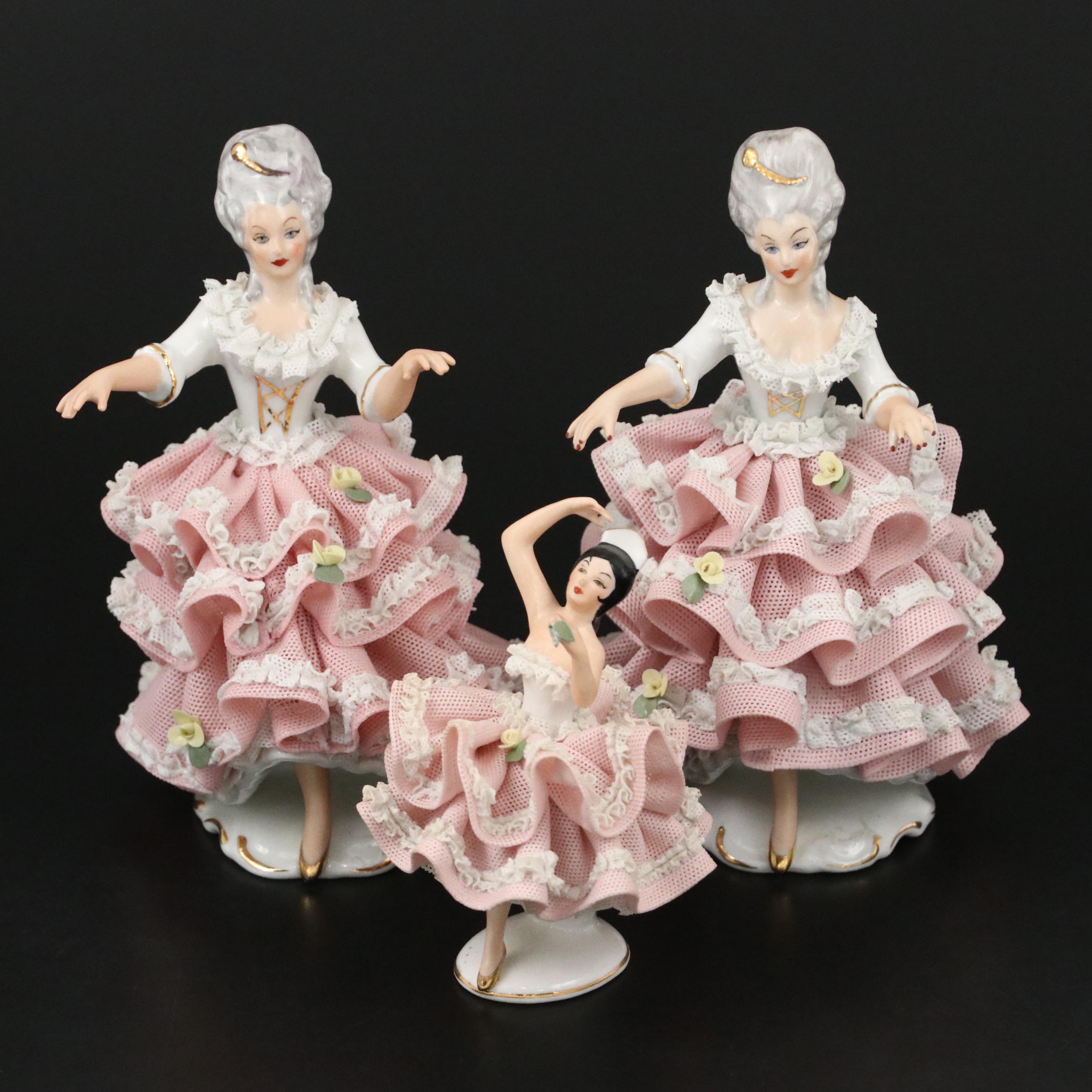 Sandizell Dresden Lace Ballerina Porcelain Figurines, Mid-20th Century