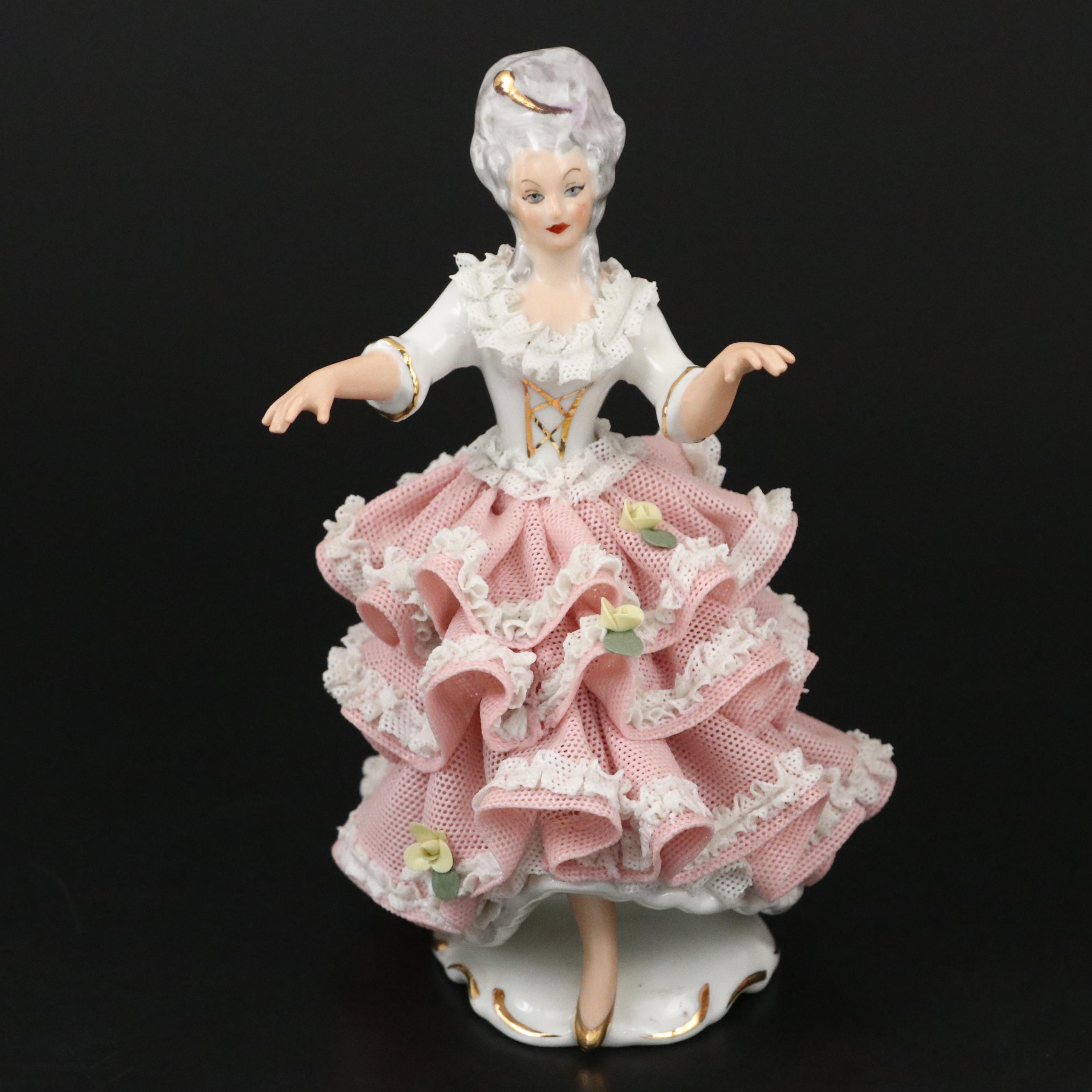 Sandizell Dresden Lace Ballerina Porcelain Figurines, Mid-20th Century