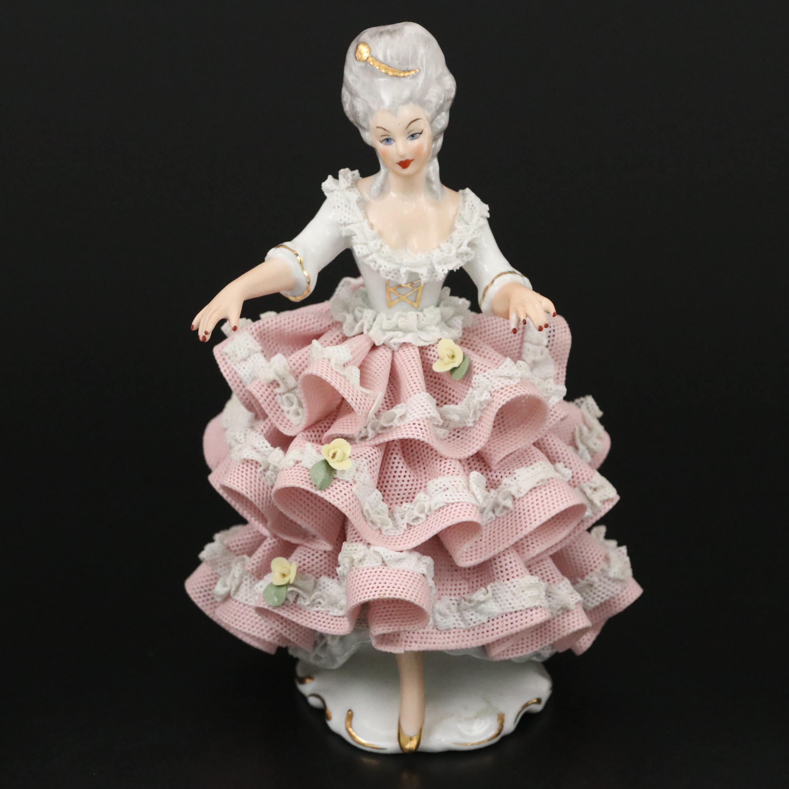 Sandizell Dresden Lace Ballerina Porcelain Figurines, Mid-20th Century