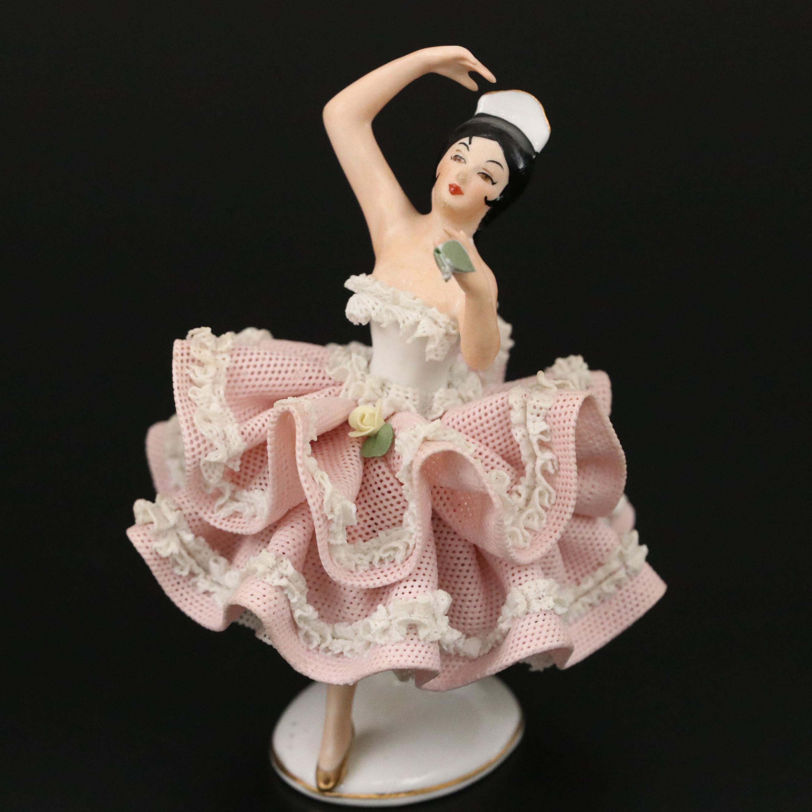 Sandizell Dresden Lace Ballerina Porcelain Figurines, Mid-20th Century