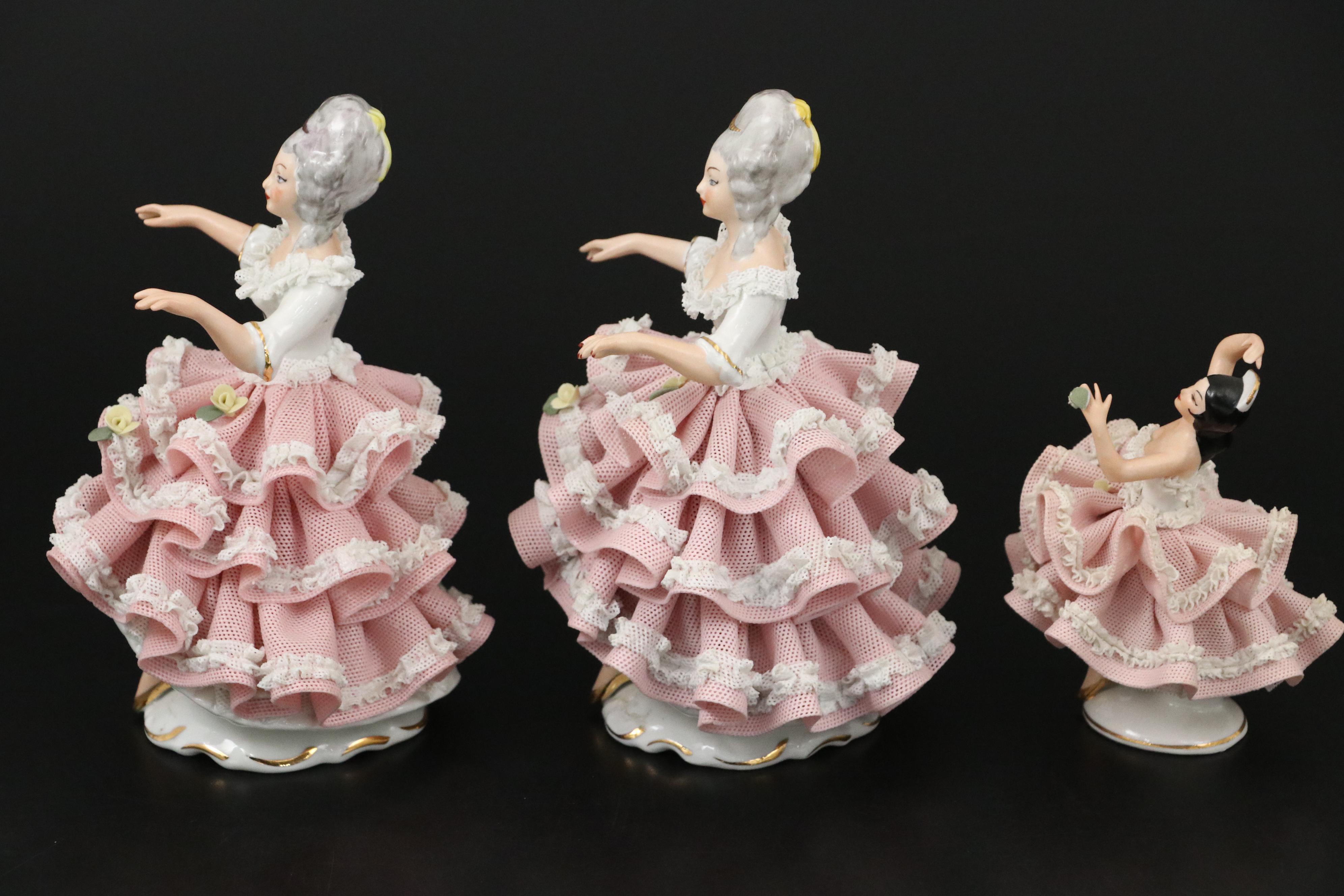 Sandizell Dresden Lace Ballerina Porcelain Figurines, Mid-20th Century