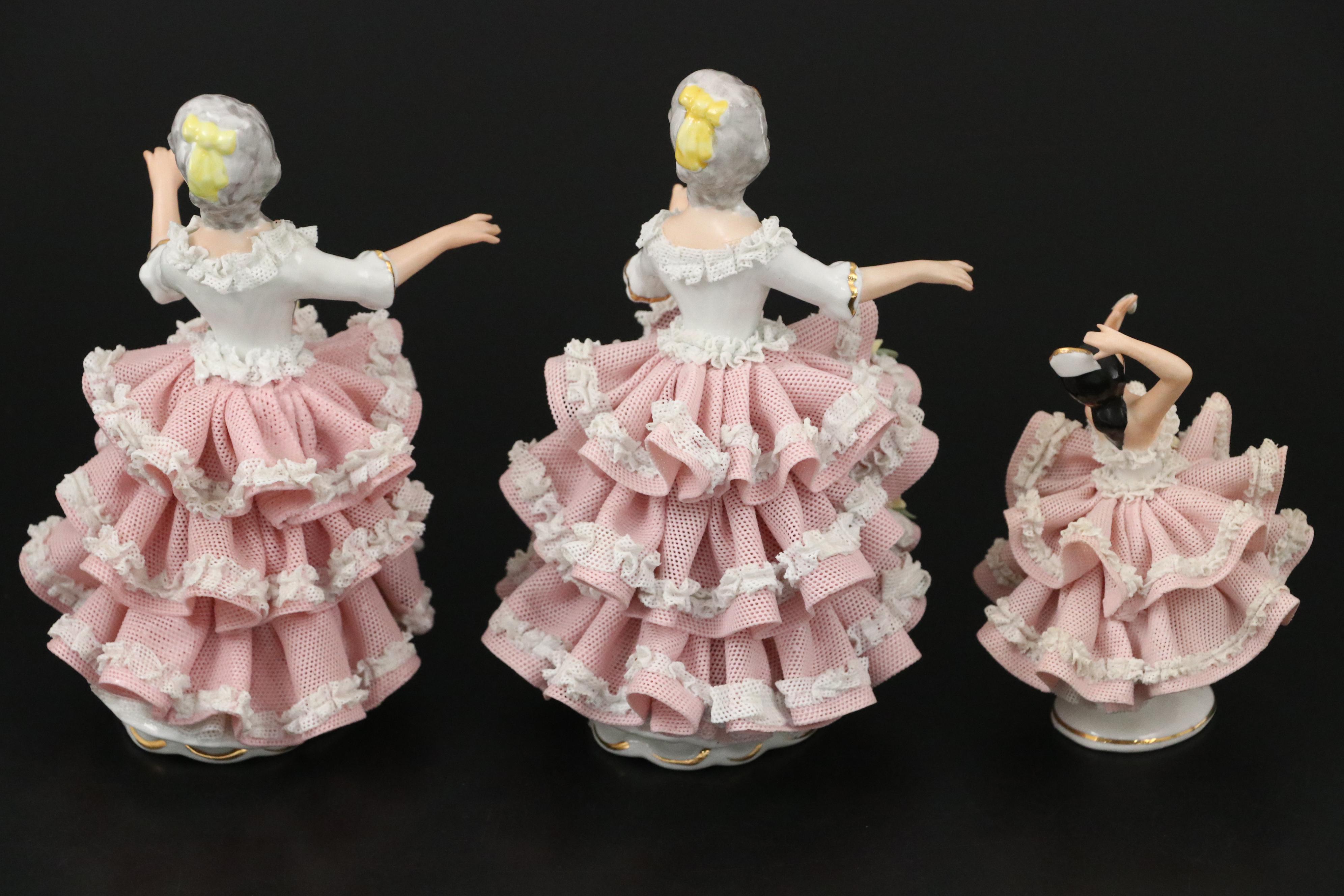 Sandizell Dresden Lace Ballerina Porcelain Figurines, Mid-20th Century