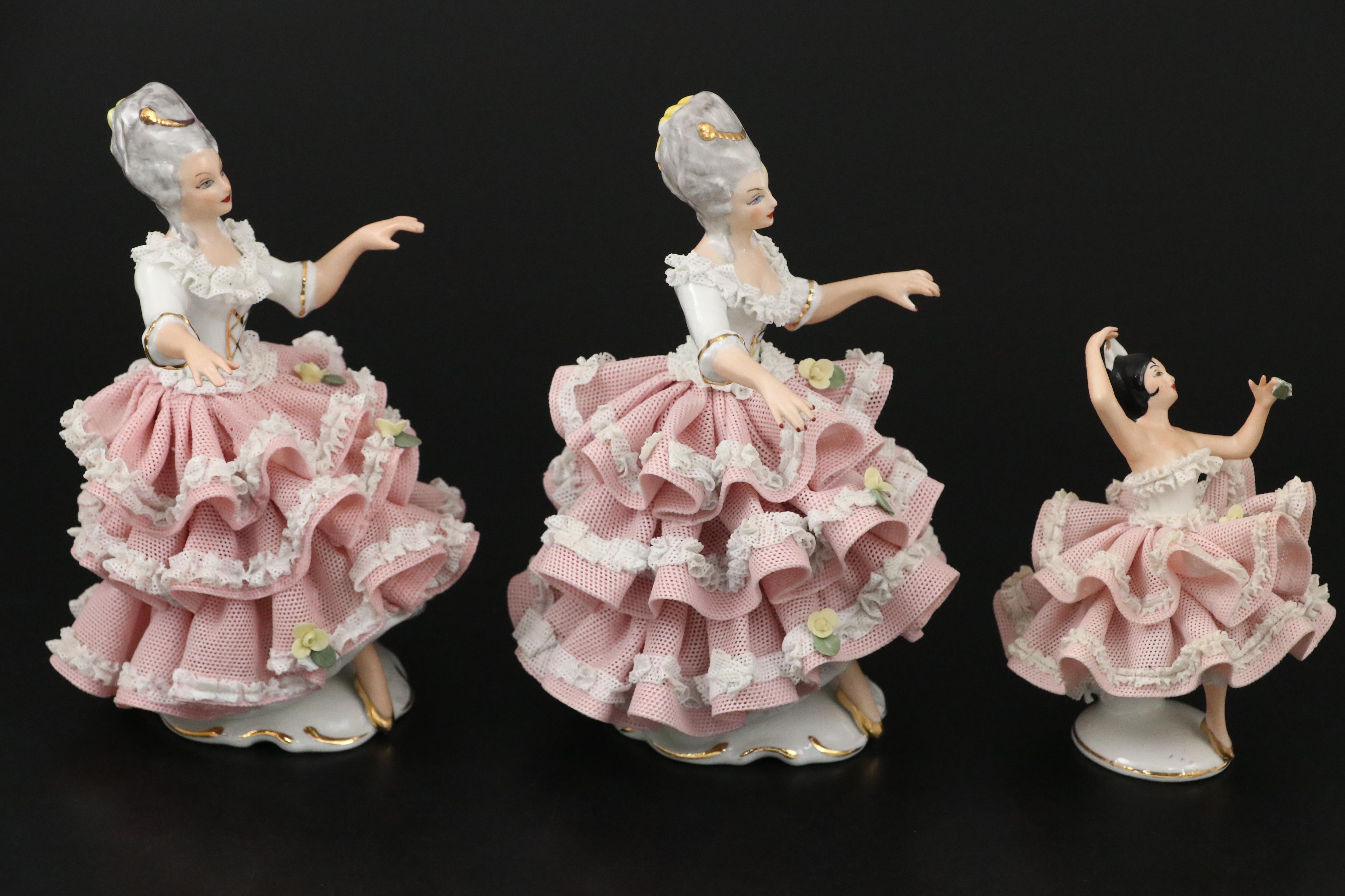 Sandizell Dresden Lace Ballerina Porcelain Figurines, Mid-20th Century