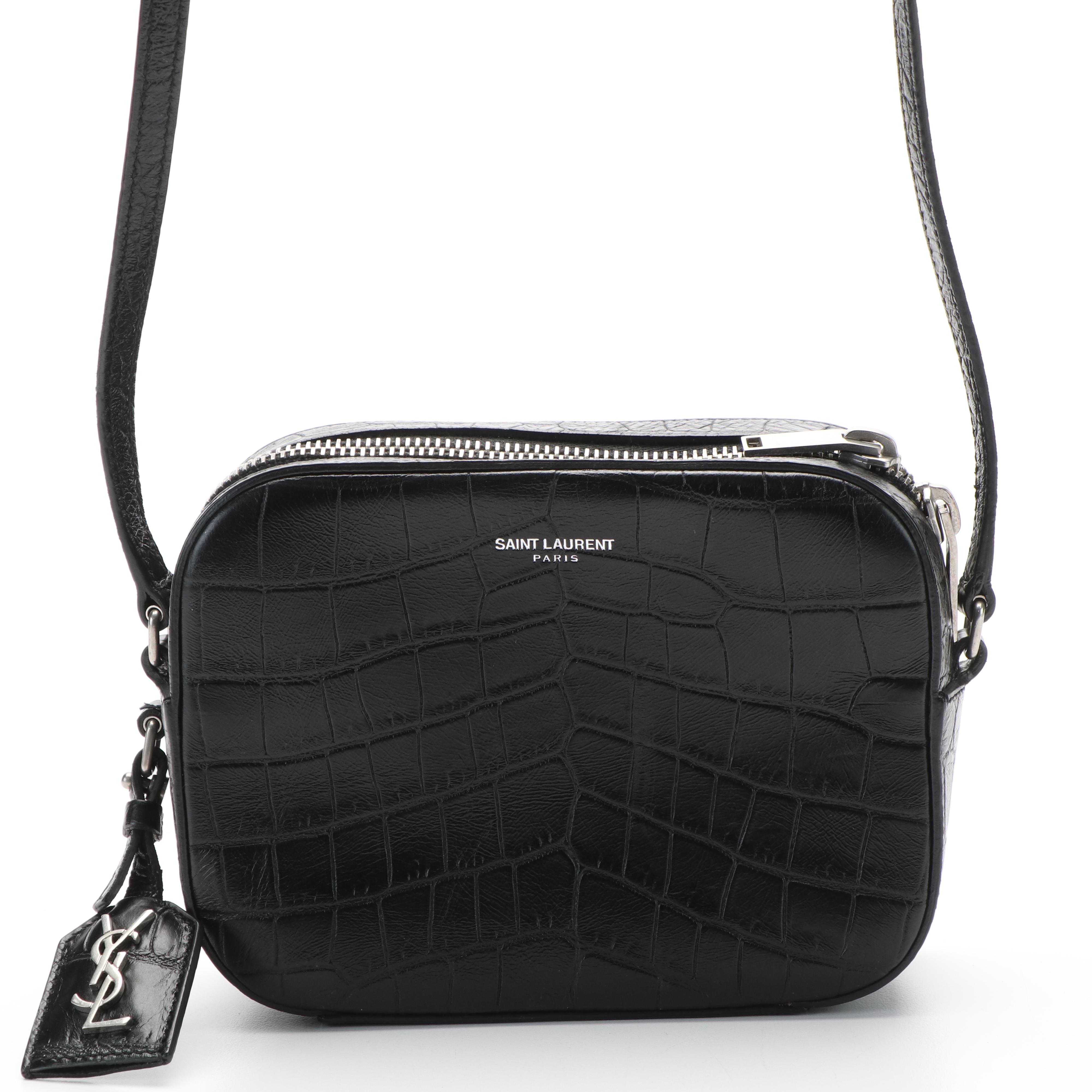 Saint Laurent YSL Crocodile Embossed Black Leather Crossbody Bag