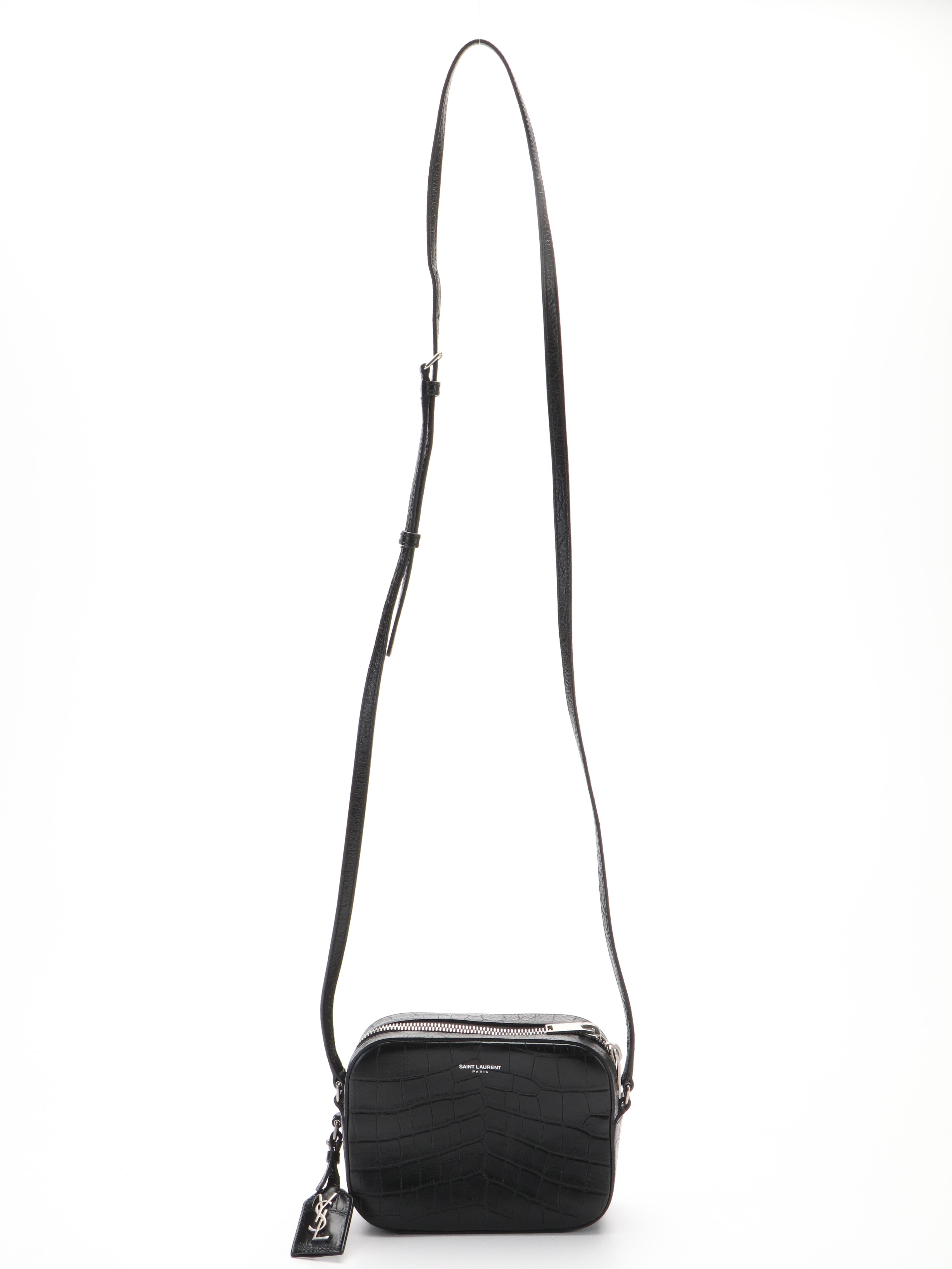 Saint Laurent YSL Crocodile Embossed Black Leather Crossbody Bag