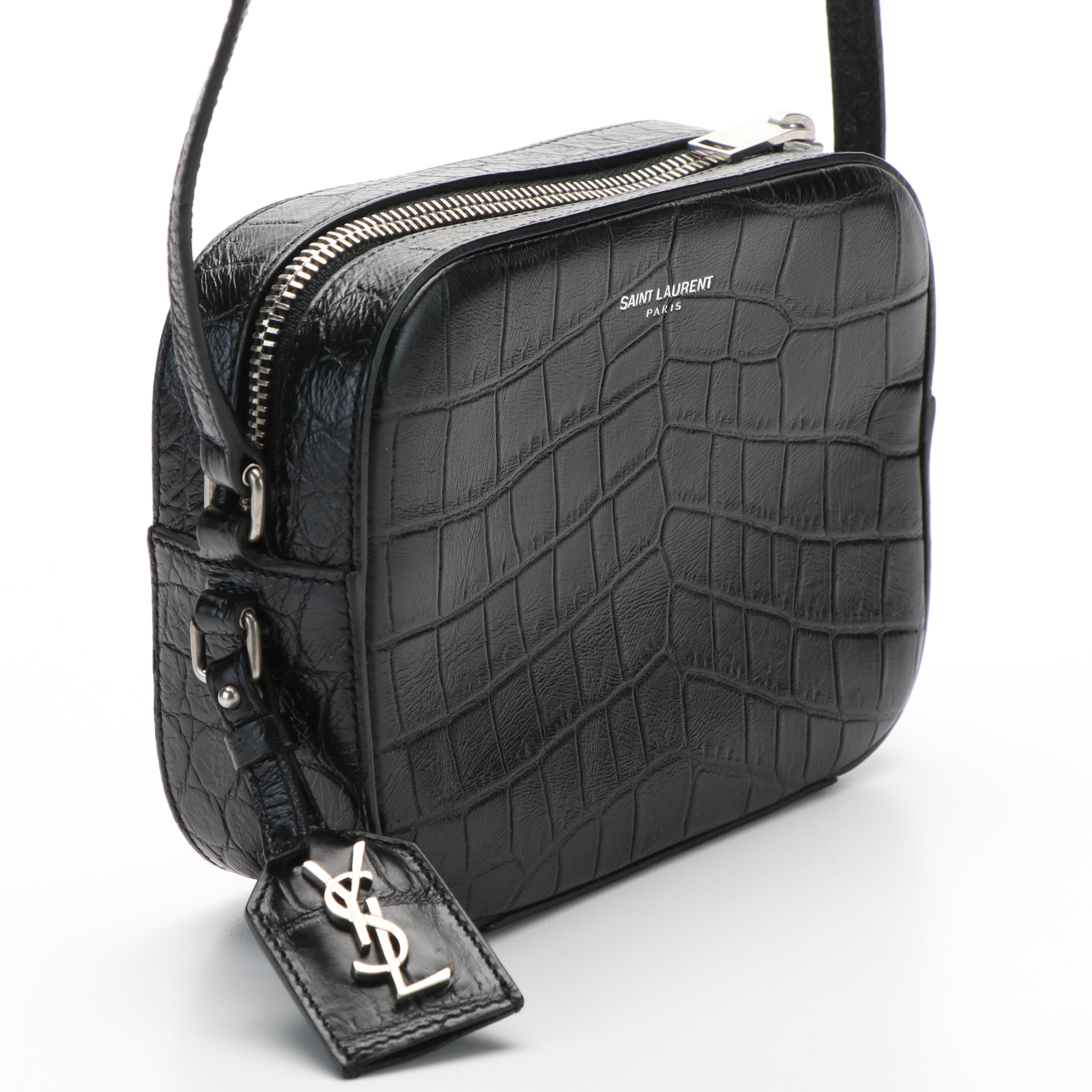 Saint Laurent YSL Crocodile Embossed Black Leather Crossbody Bag
