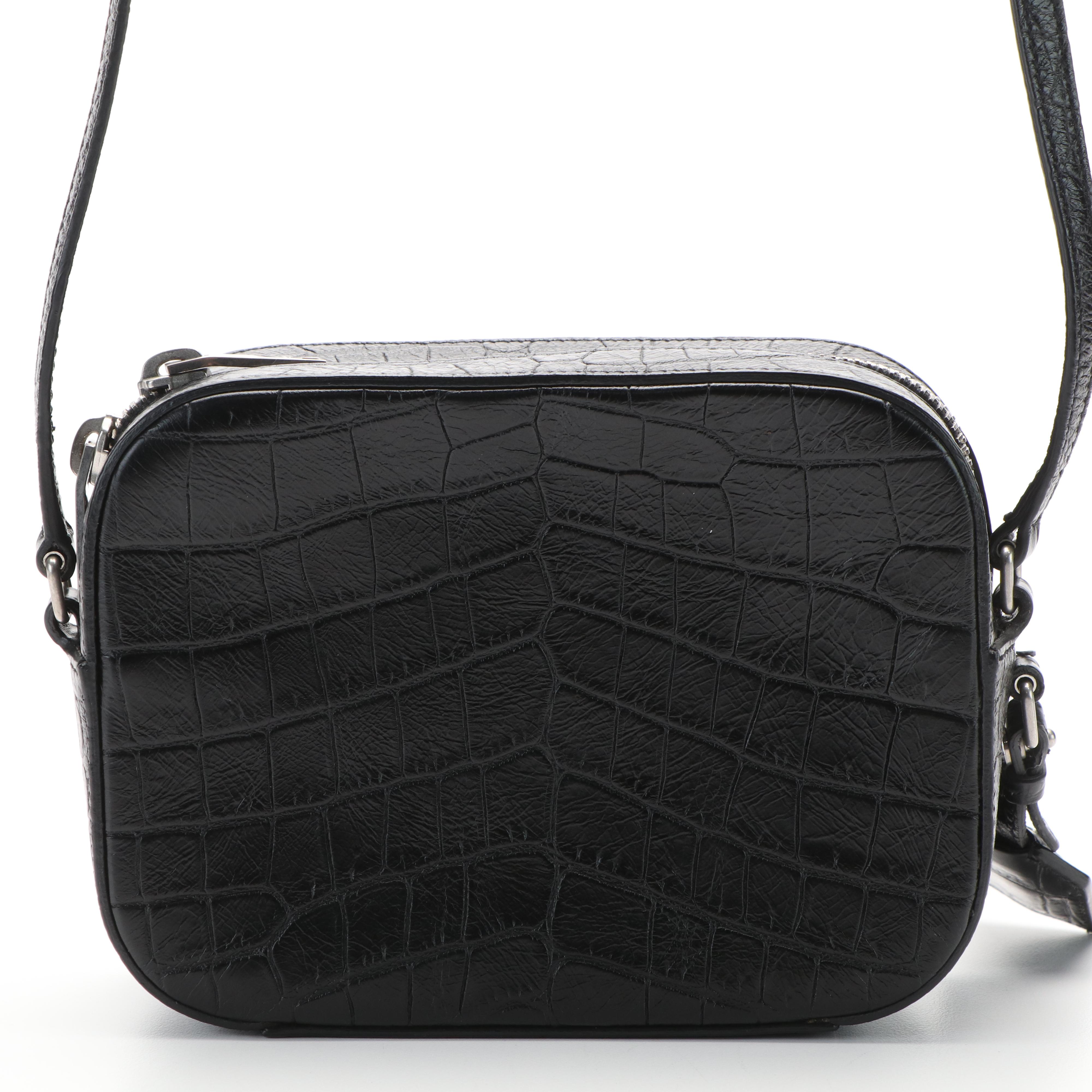 Saint Laurent YSL Crocodile Embossed Black Leather Crossbody Bag