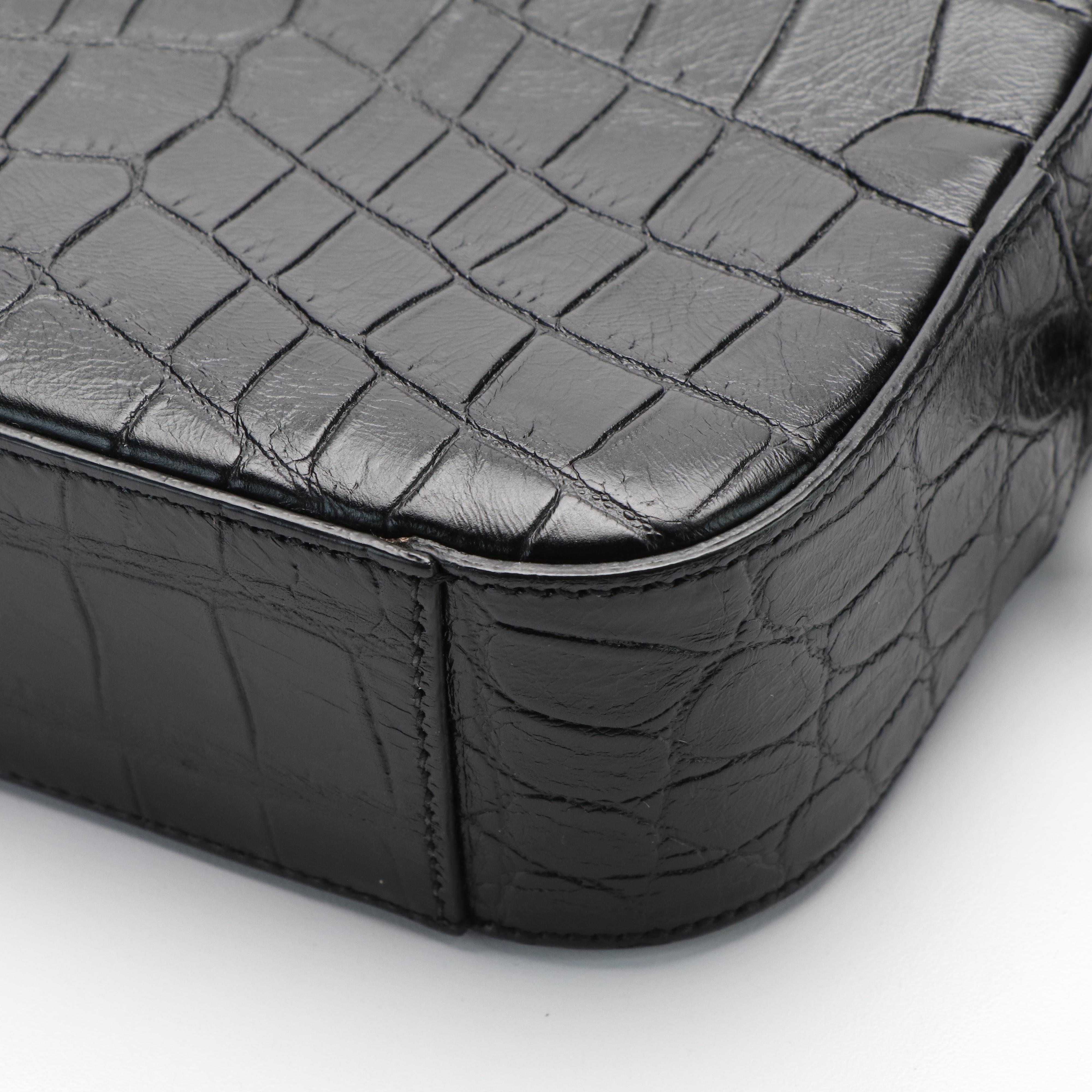 Saint Laurent YSL Crocodile Embossed Black Leather Crossbody Bag